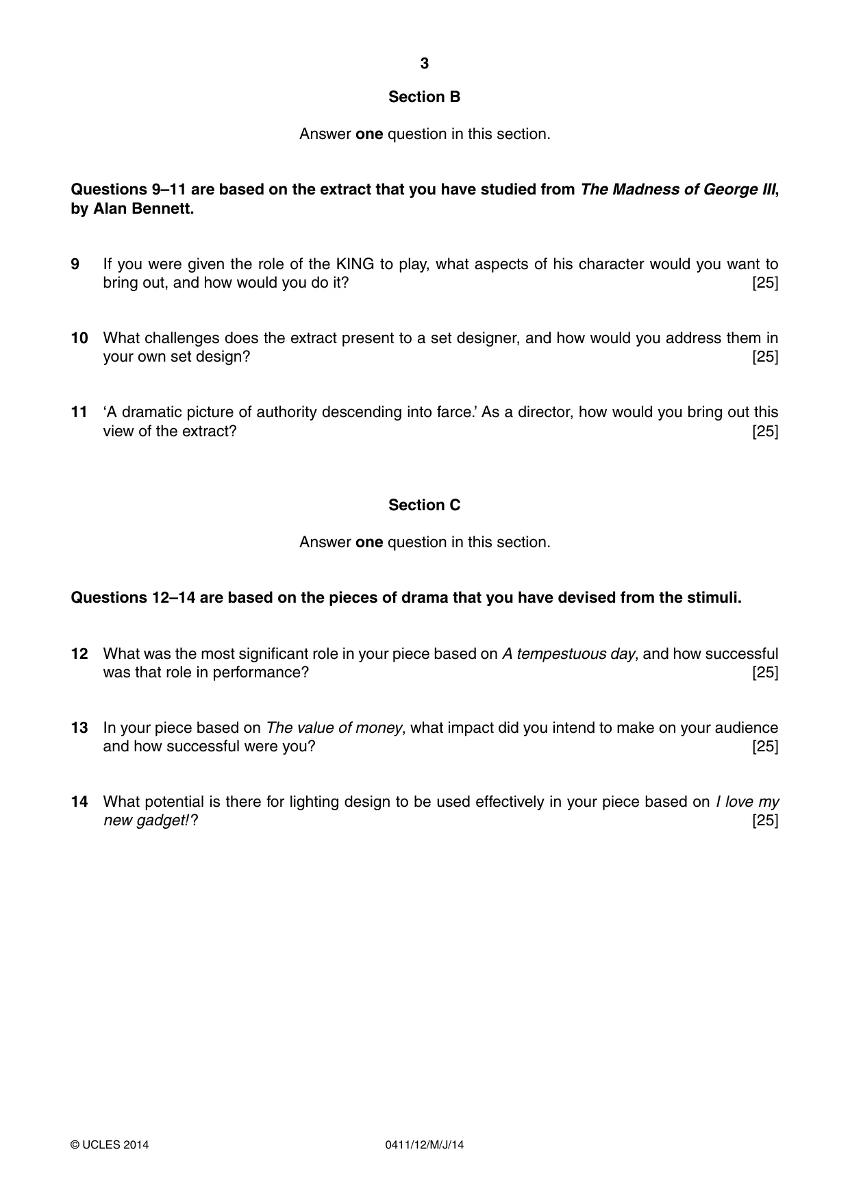 Cambridge IGCSE Drama 0411 2014 May/June Paper 1 · Variant 2 question paper, page 3 of 4