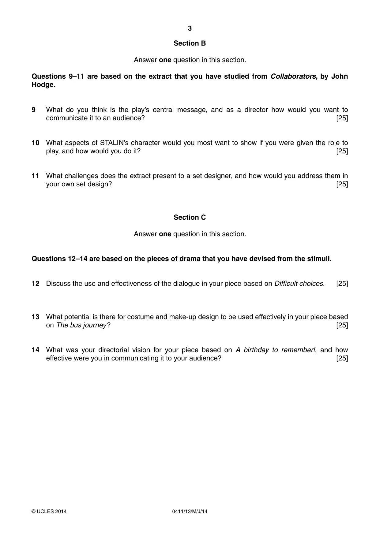 Cambridge IGCSE Drama 0411 2014 May/June Paper 1 · Variant 3 question paper, page 3 of 4