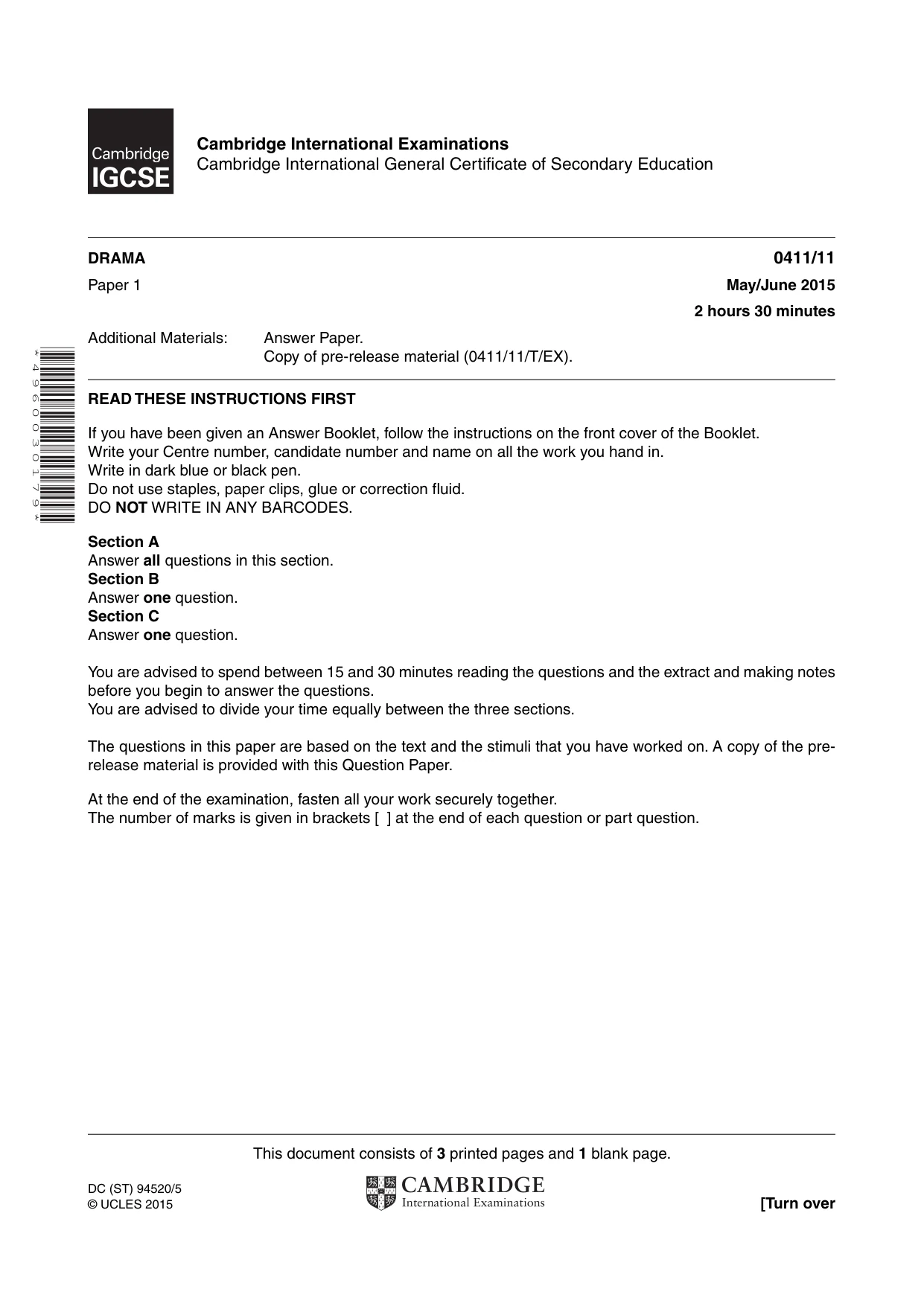 Cambridge IGCSE Drama 0411 2015 May/June Paper 1 · Variant 1 question paper, page 1 of 4
