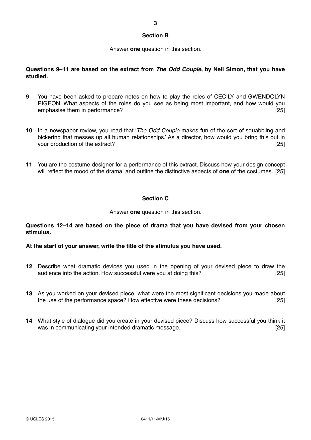 Cambridge IGCSE Drama 0411 2015 May/June Paper 1 · Variant 1 question paper, page 3 of 4