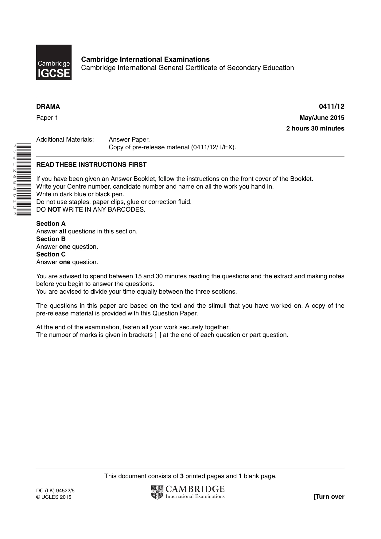 Cambridge IGCSE Drama 0411 2015 May/June Paper 1 · Variant 2 question paper, page 1 of 4