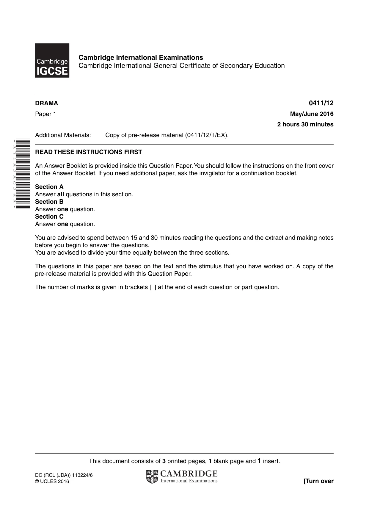 Cambridge IGCSE Drama 0411 2016 May/June Paper 1 · Variant 2 question paper, page 1 of 4