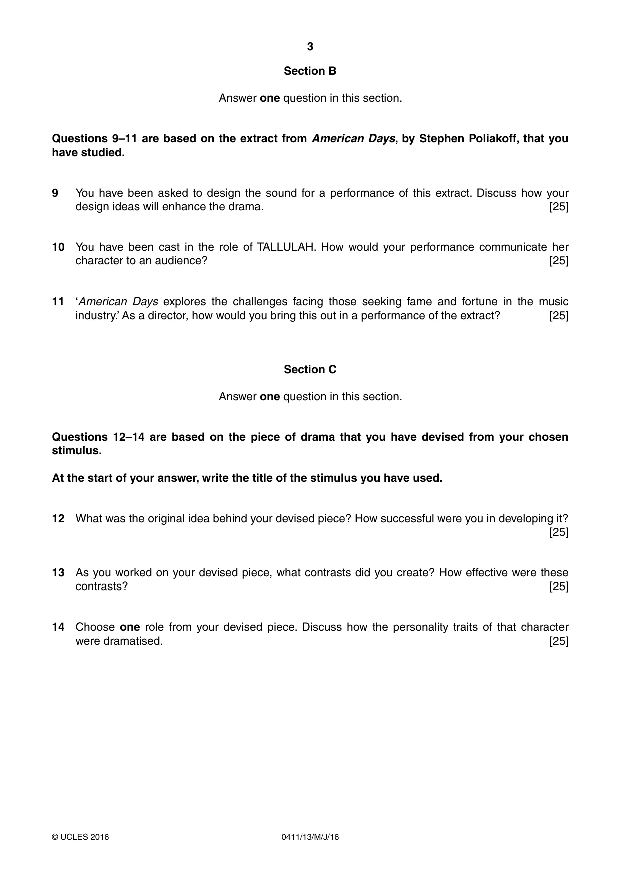 Cambridge IGCSE Drama 0411 2016 May/June Paper 1 · Variant 3 question paper, page 3 of 4