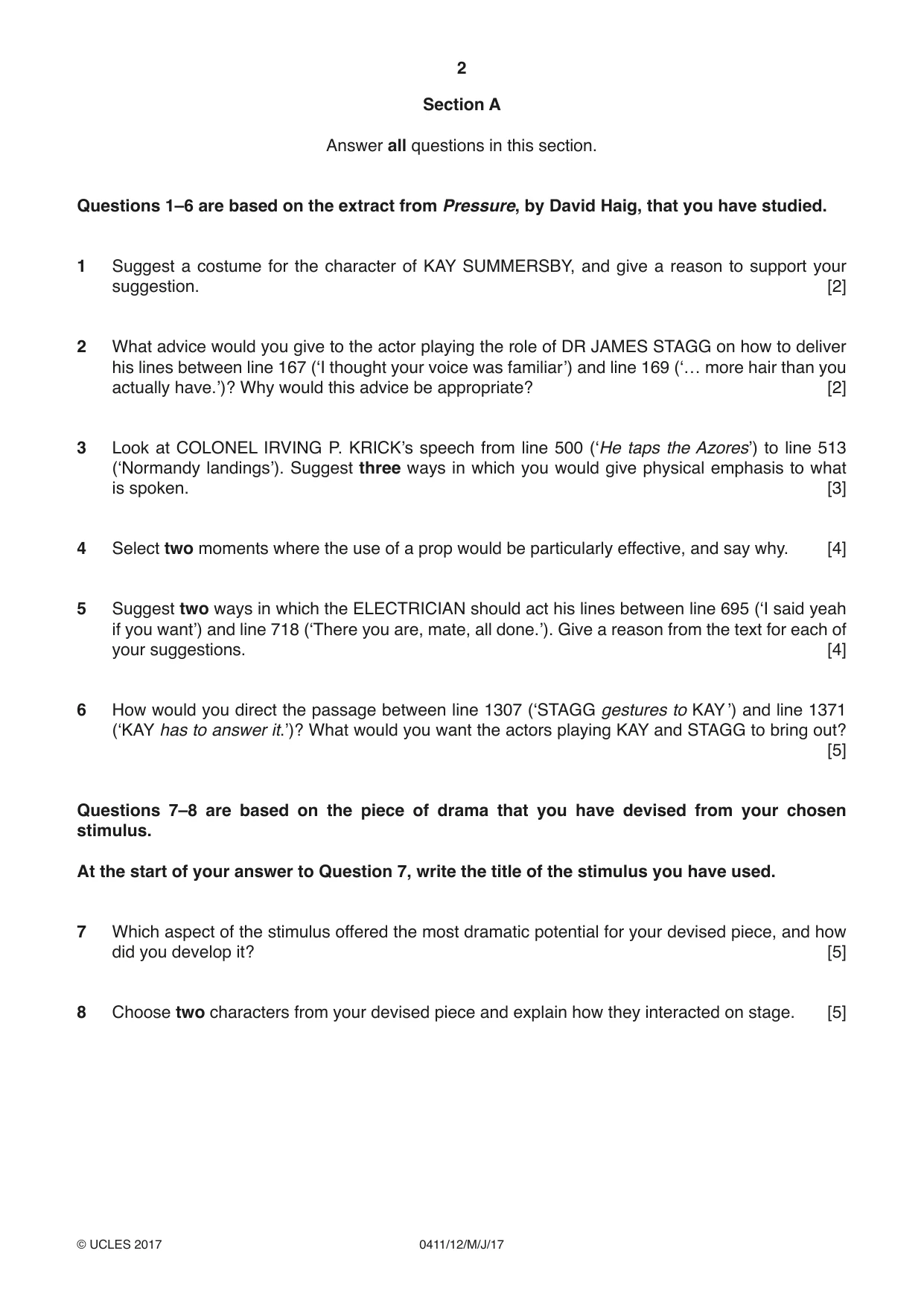 Cambridge IGCSE Drama 0411 2017 May/June Paper 1 · Variant 2 question paper, page 2 of 4