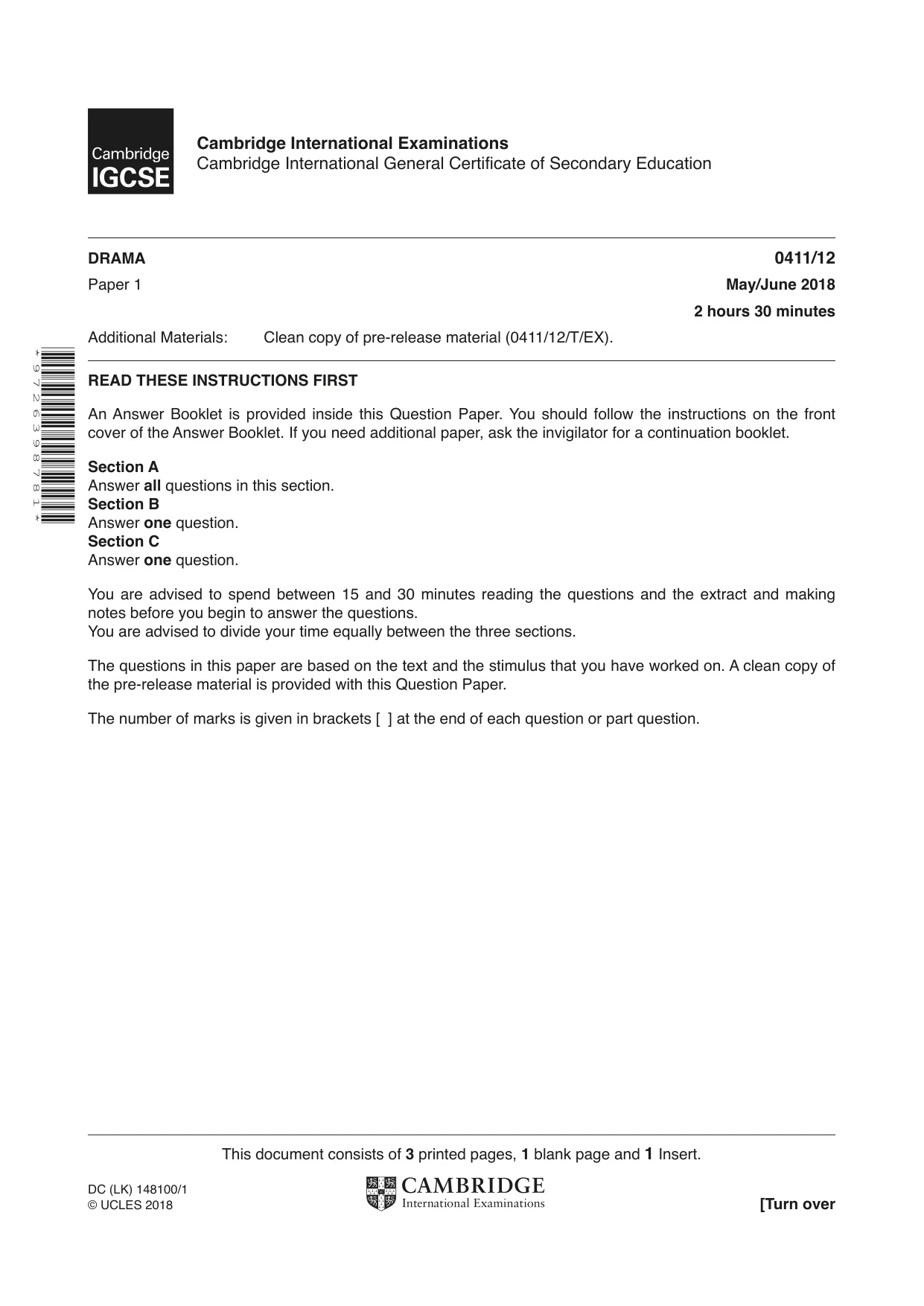 Cambridge IGCSE Drama 0411 2018 May/June Paper 1 · Variant 2 question paper, page 1 of 4