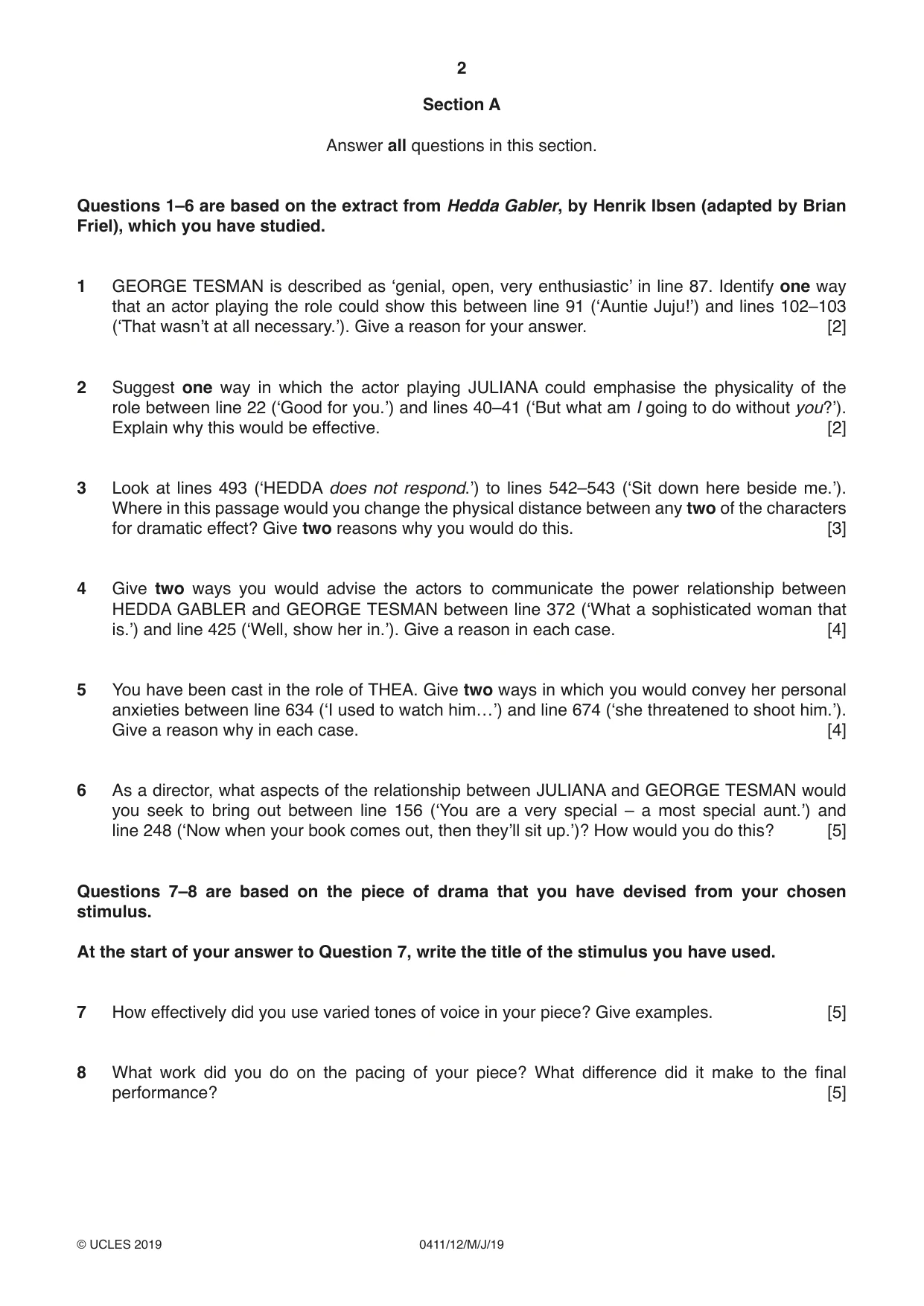 Cambridge IGCSE Drama 0411 2019 May/June Paper 1 · Variant 2 question paper, page 2 of 4