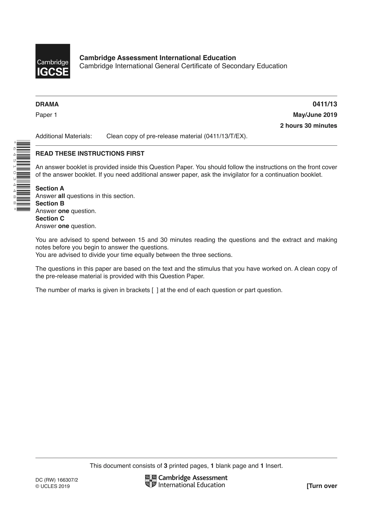 Cambridge IGCSE Drama 0411 2019 May/June Paper 1 · Variant 3 question paper, page 1 of 4