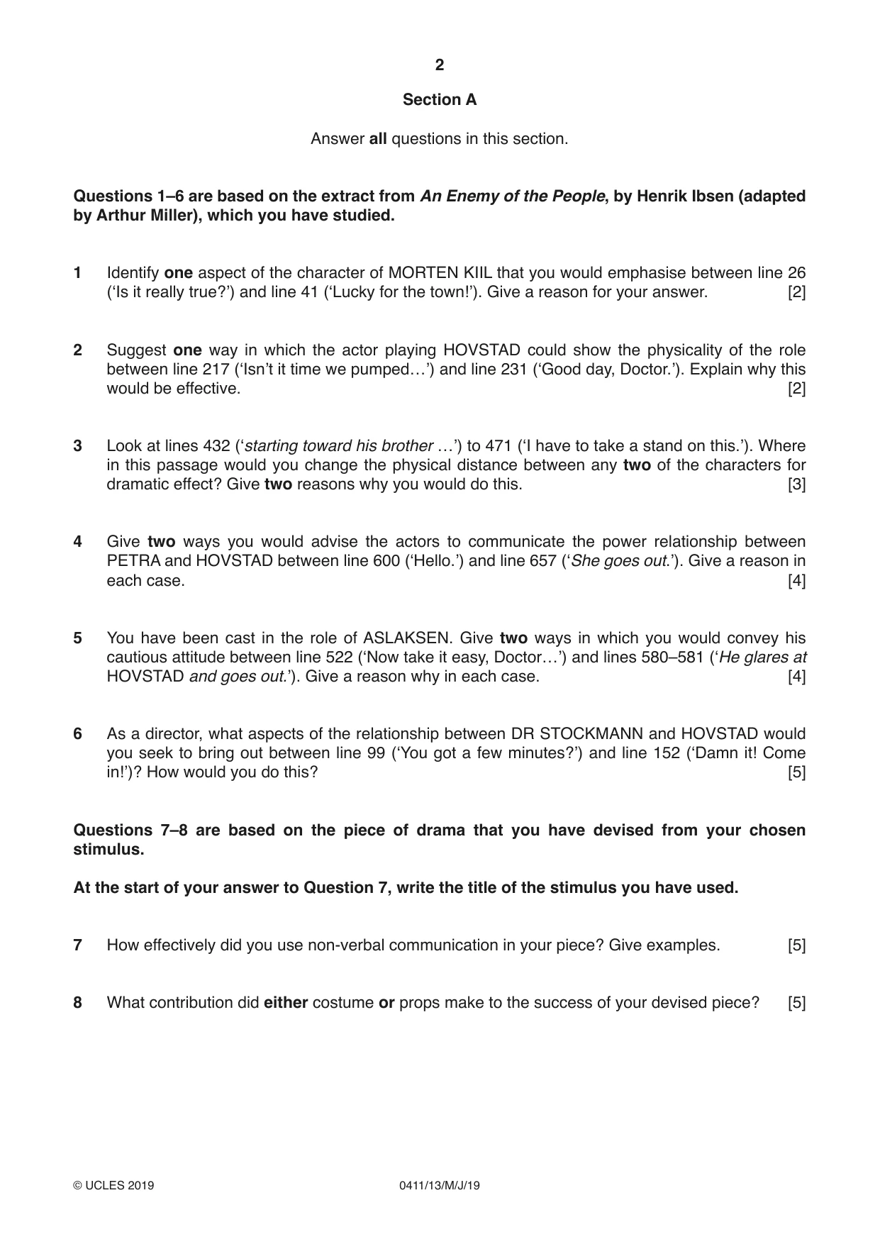 Cambridge IGCSE Drama 0411 2019 May/June Paper 1 · Variant 3 question paper, page 2 of 4