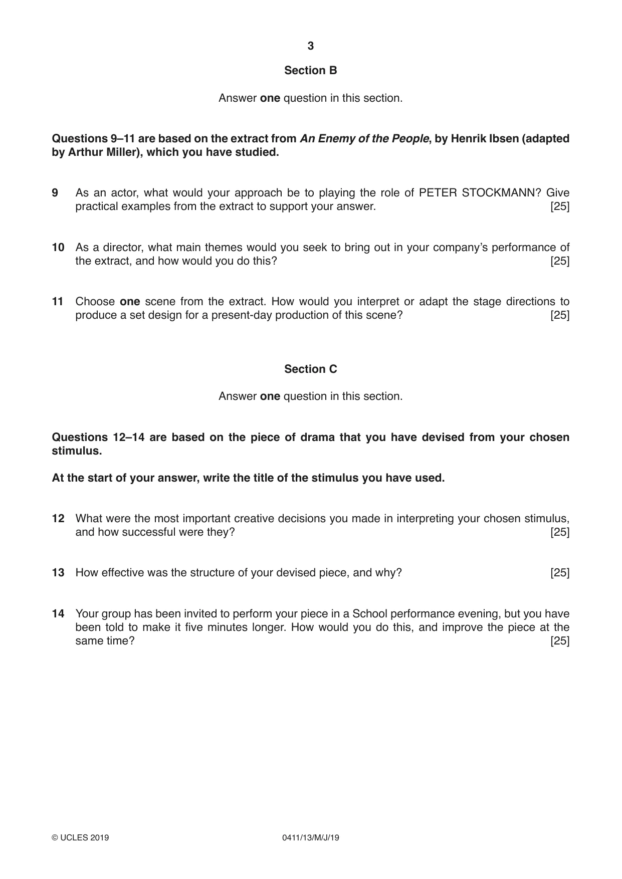 Cambridge IGCSE Drama 0411 2019 May/June Paper 1 · Variant 3 question paper, page 3 of 4