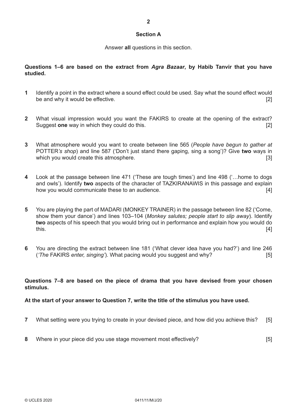Cambridge IGCSE Drama 0411 2020 May/June Paper 1 · Variant 1 question paper, page 2 of 4