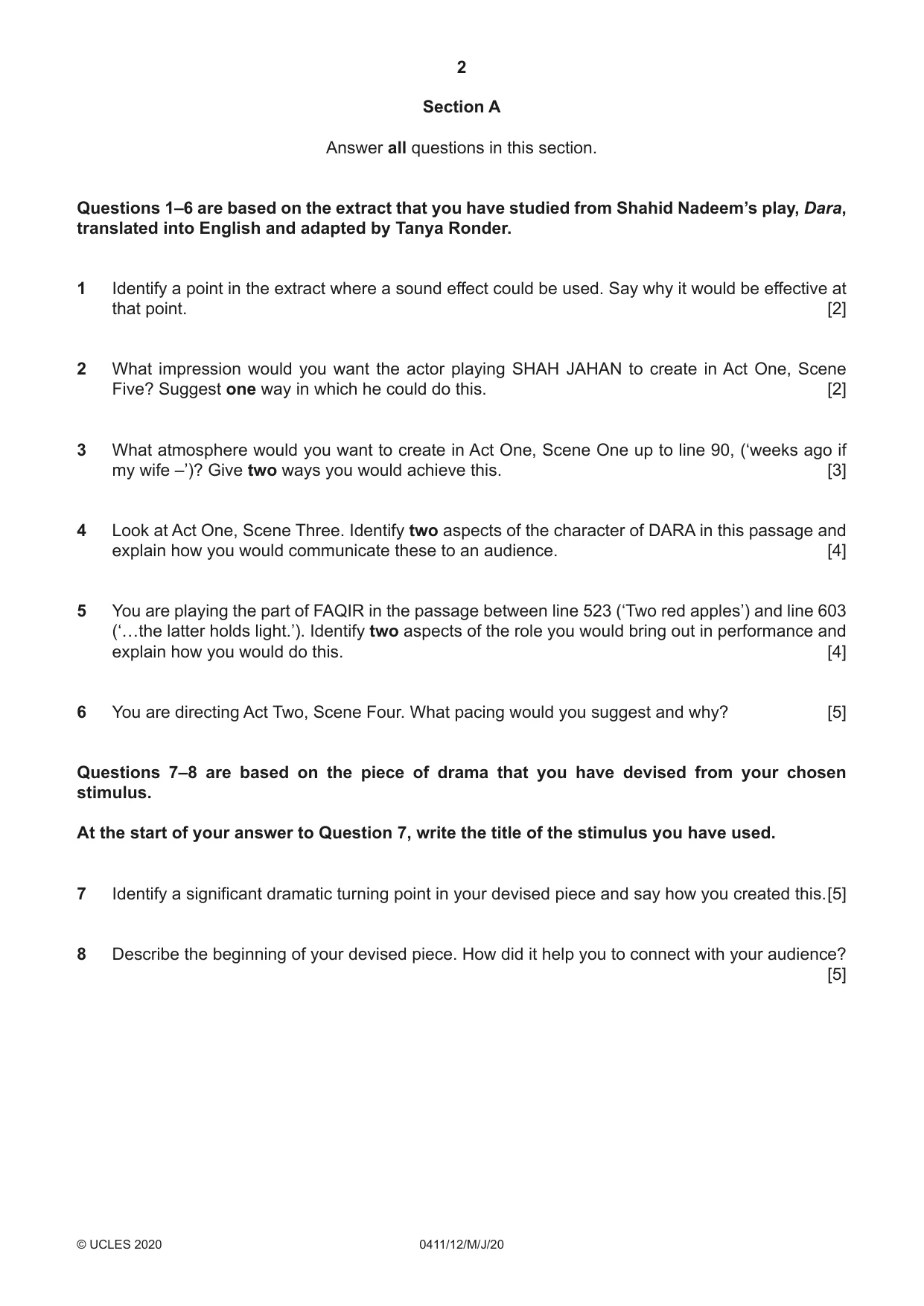 Cambridge IGCSE Drama 0411 2020 May/June Paper 1 · Variant 2 question paper, page 2 of 4