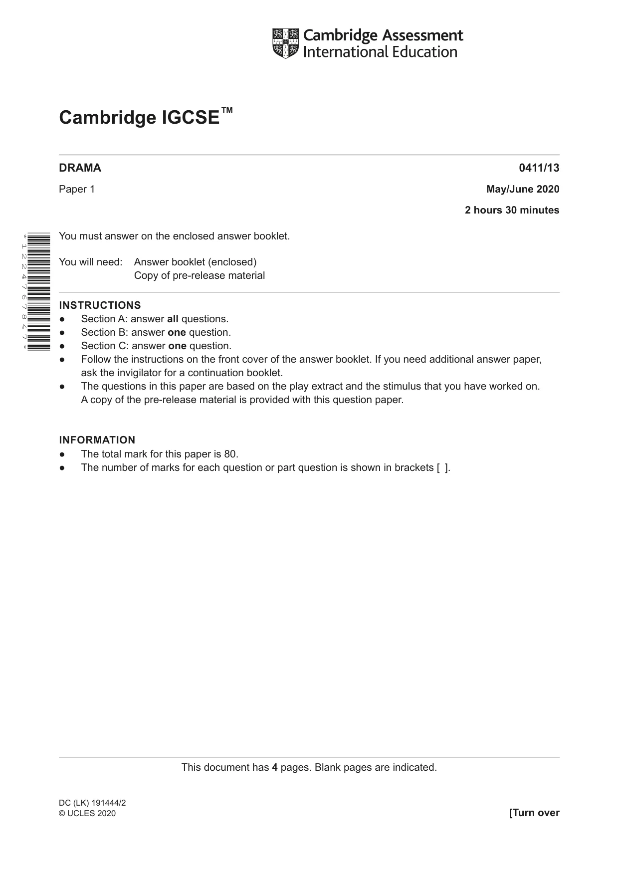 Cambridge IGCSE Drama 0411 2020 May/June Paper 1 · Variant 3 question paper, page 1 of 4