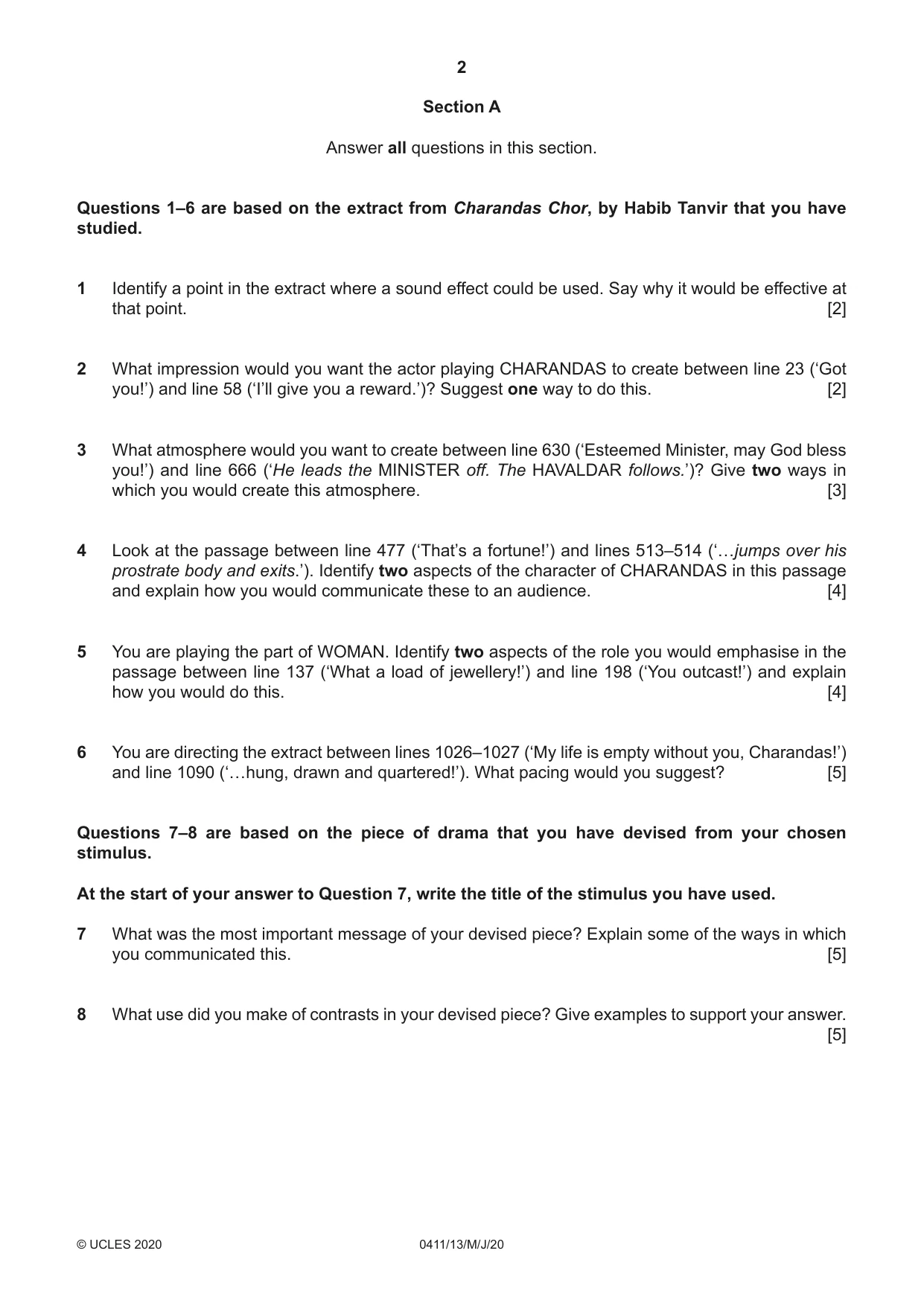 Cambridge IGCSE Drama 0411 2020 May/June Paper 1 · Variant 3 question paper, page 2 of 4