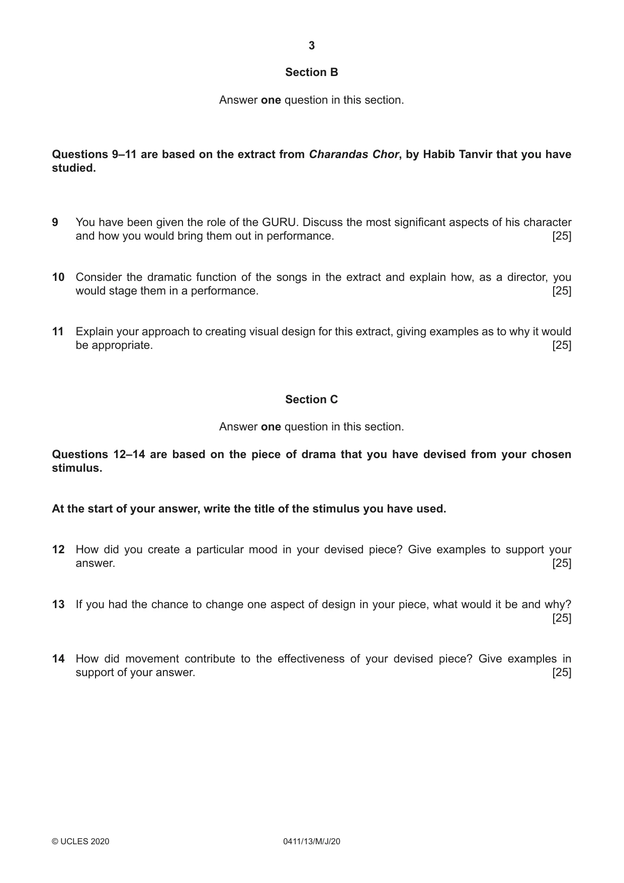 Cambridge IGCSE Drama 0411 2020 May/June Paper 1 · Variant 3 question paper, page 3 of 4