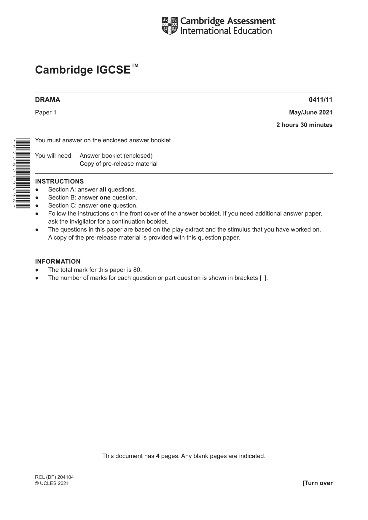 Cambridge IGCSE Drama 0411 2021 May/June Paper 1 · Variant 1 question paper, page 1 of 4