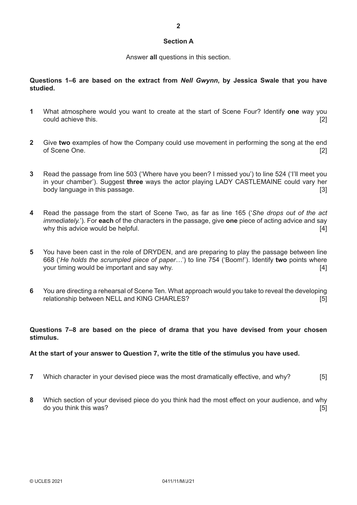 Cambridge IGCSE Drama 0411 2021 May/June Paper 1 · Variant 1 question paper, page 2 of 4