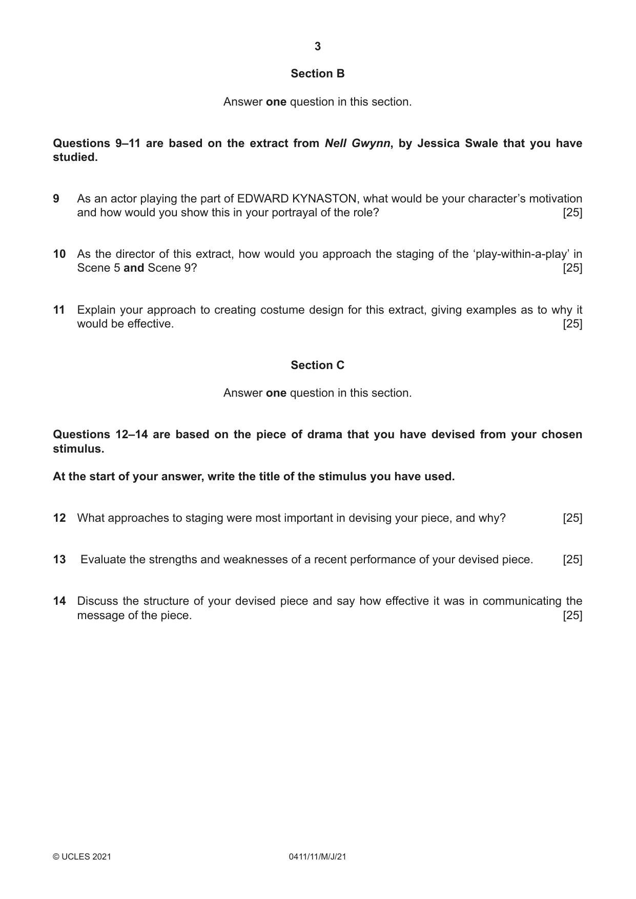 Cambridge IGCSE Drama 0411 2021 May/June Paper 1 · Variant 1 question paper, page 3 of 4