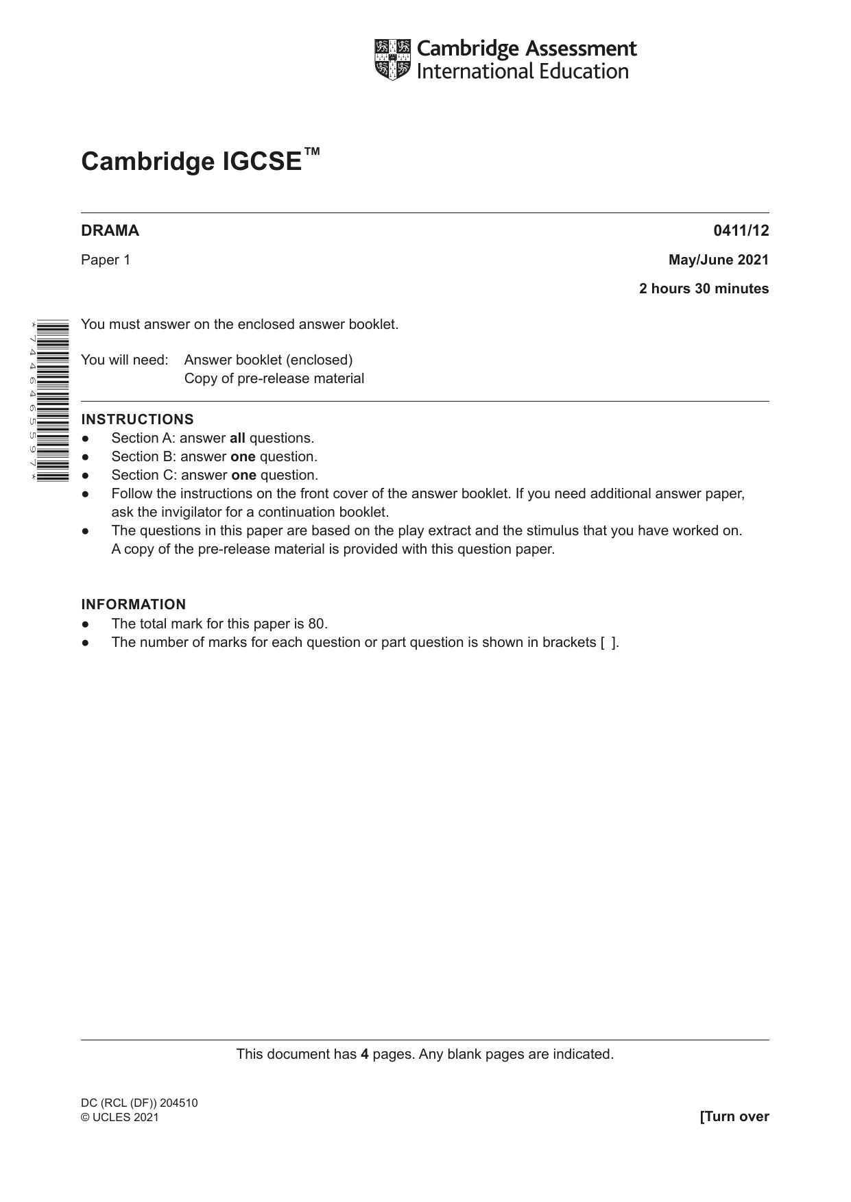 Cambridge IGCSE Drama 0411 2021 May/June Paper 1 · Variant 2 question paper, page 1 of 4