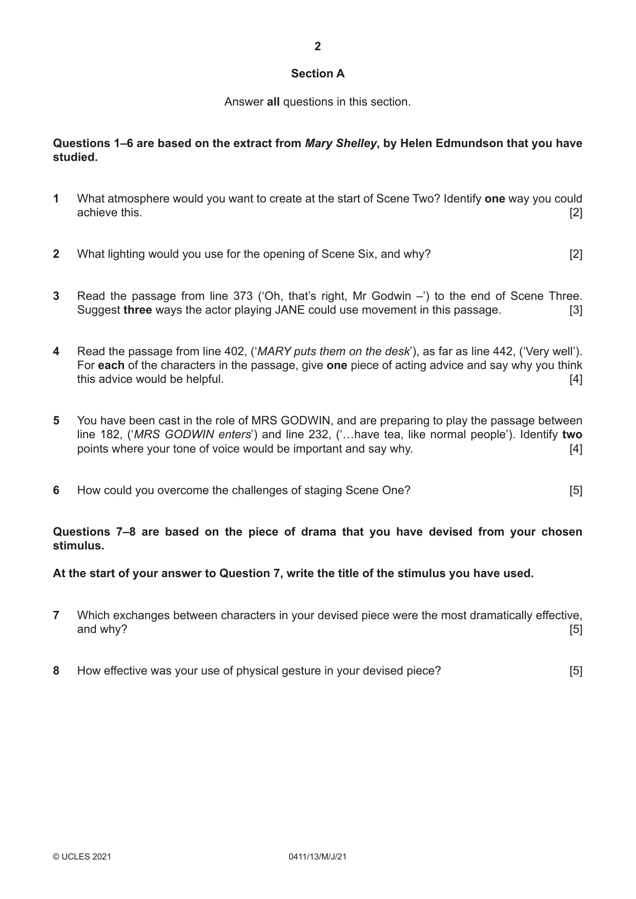 Cambridge IGCSE Drama 0411 2021 May/June Paper 1 · Variant 3 question paper, page 2 of 4