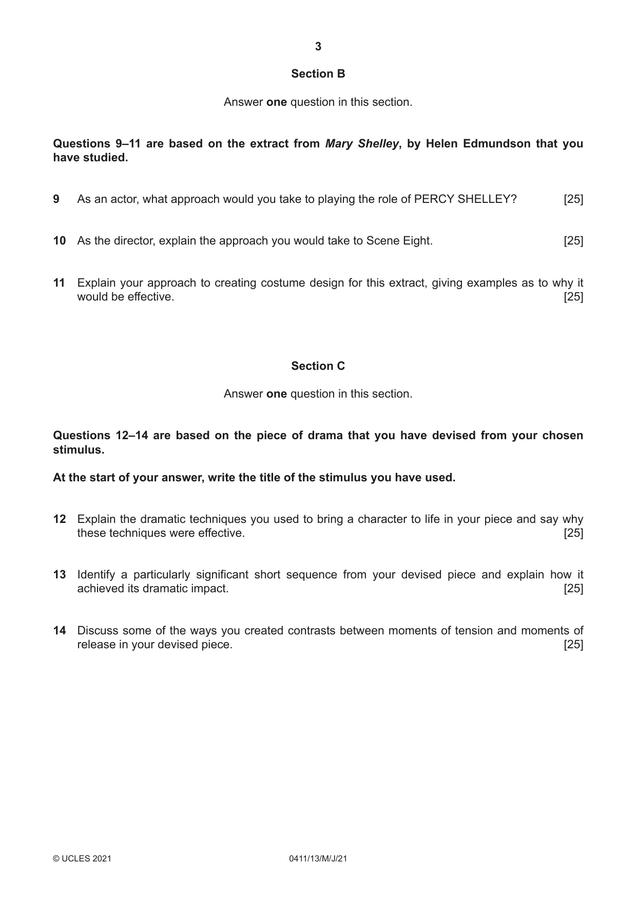 Cambridge IGCSE Drama 0411 2021 May/June Paper 1 · Variant 3 question paper, page 3 of 4
