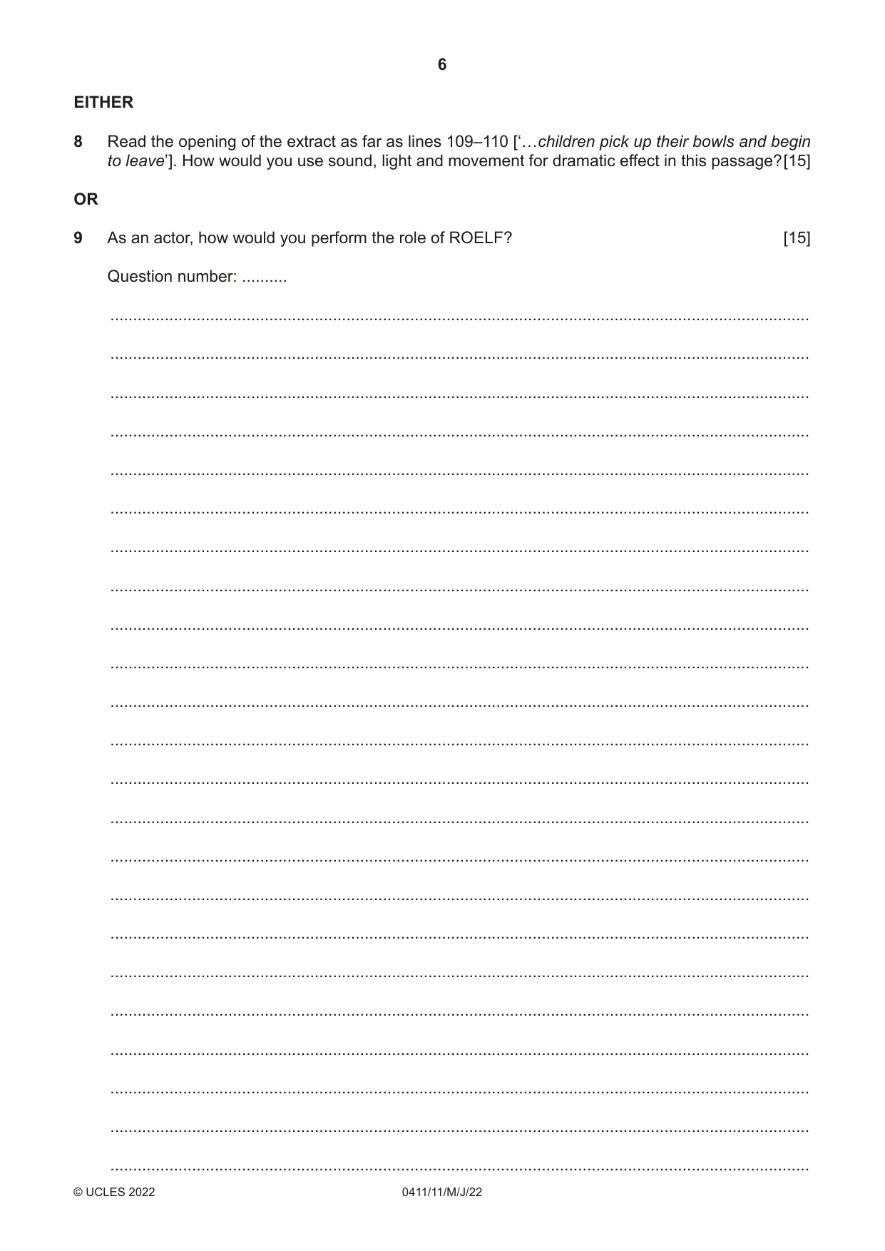 Cambridge IGCSE Drama 0411 2022 May/June Paper 1 · Variant 1 question paper, page 6 of 12