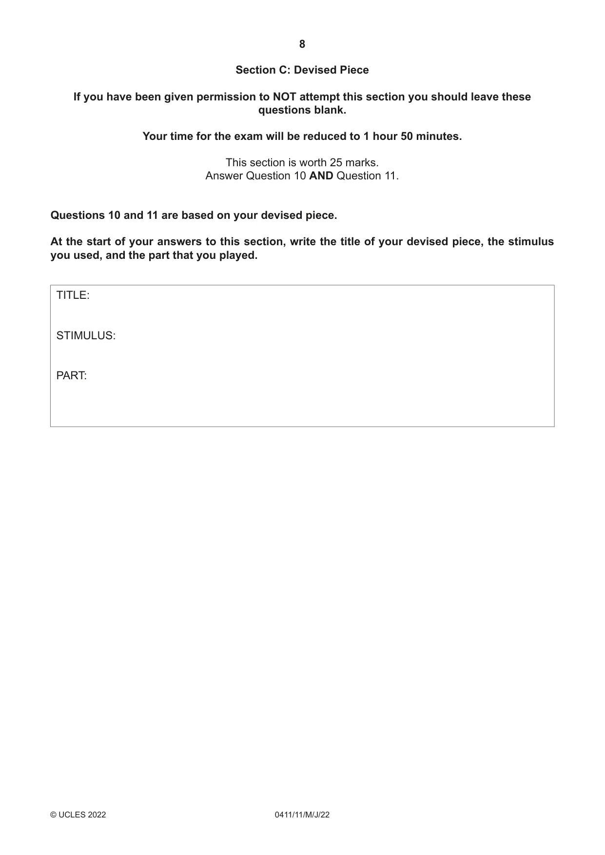 Cambridge IGCSE Drama 0411 2022 May/June Paper 1 · Variant 1 question paper, page 8 of 12