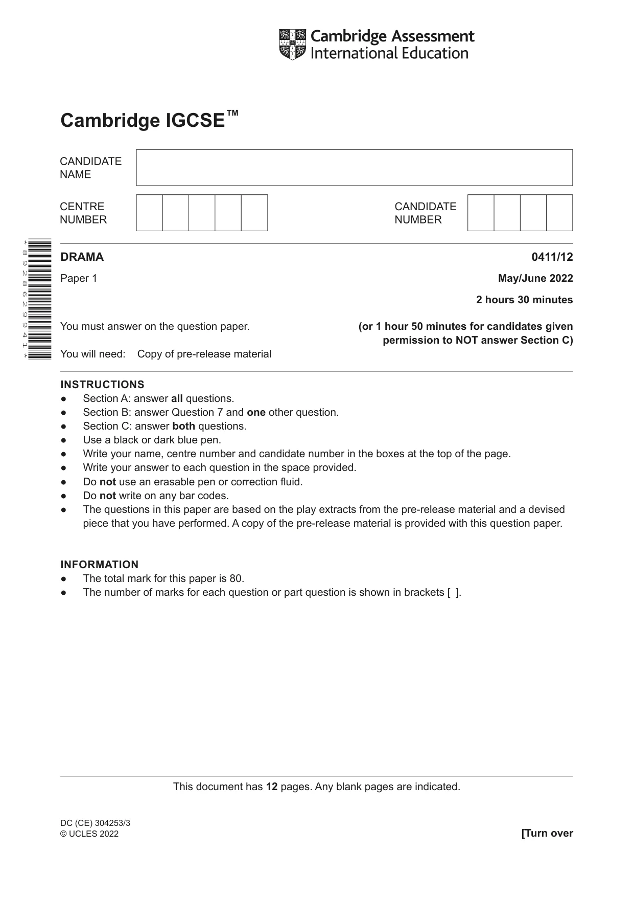 Cambridge IGCSE Drama 0411 2022 May/June Paper 1 · Variant 2 question paper, page 1 of 12
