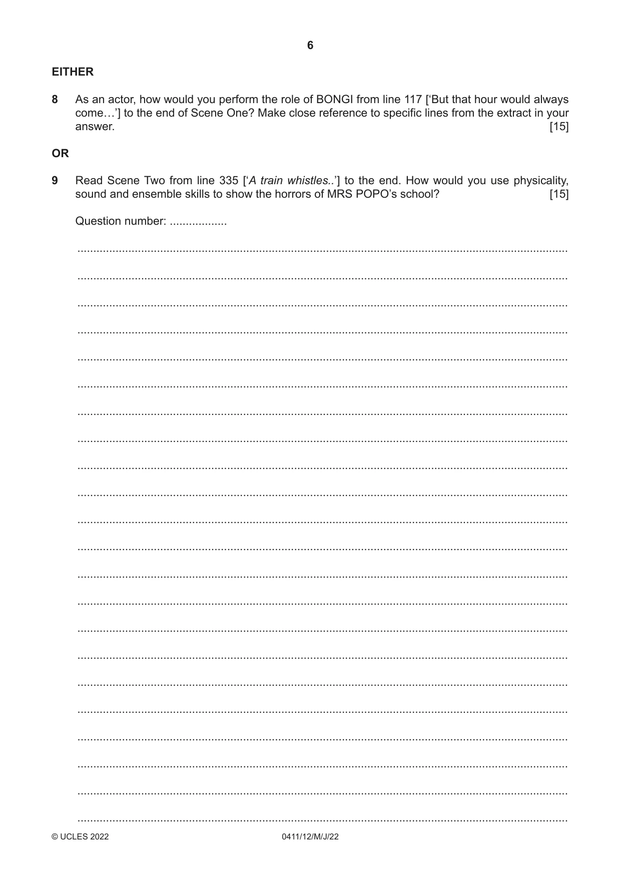 Cambridge IGCSE Drama 0411 2022 May/June Paper 1 · Variant 2 question paper, page 6 of 12