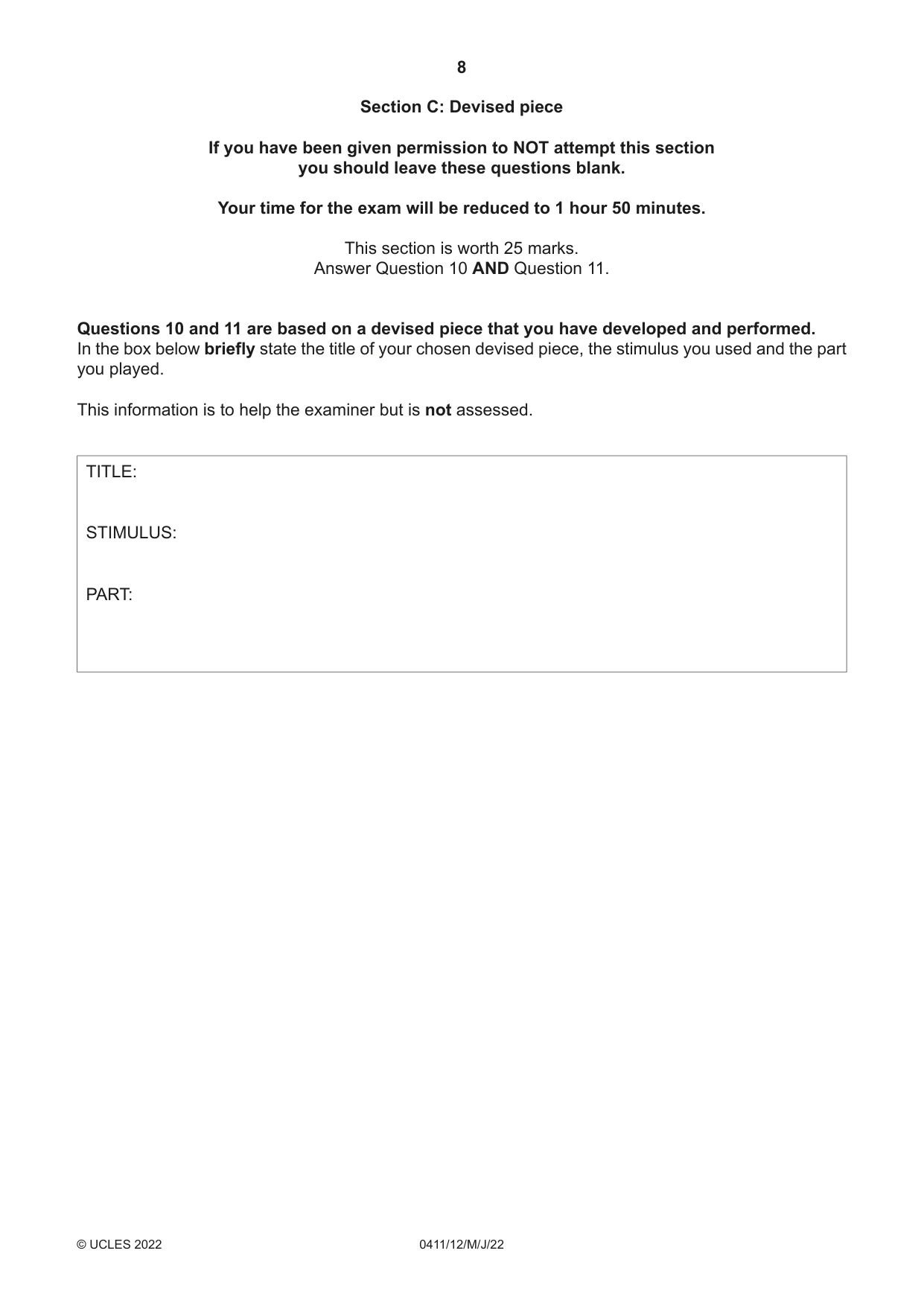 Cambridge IGCSE Drama 0411 2022 May/June Paper 1 · Variant 2 question paper, page 8 of 12