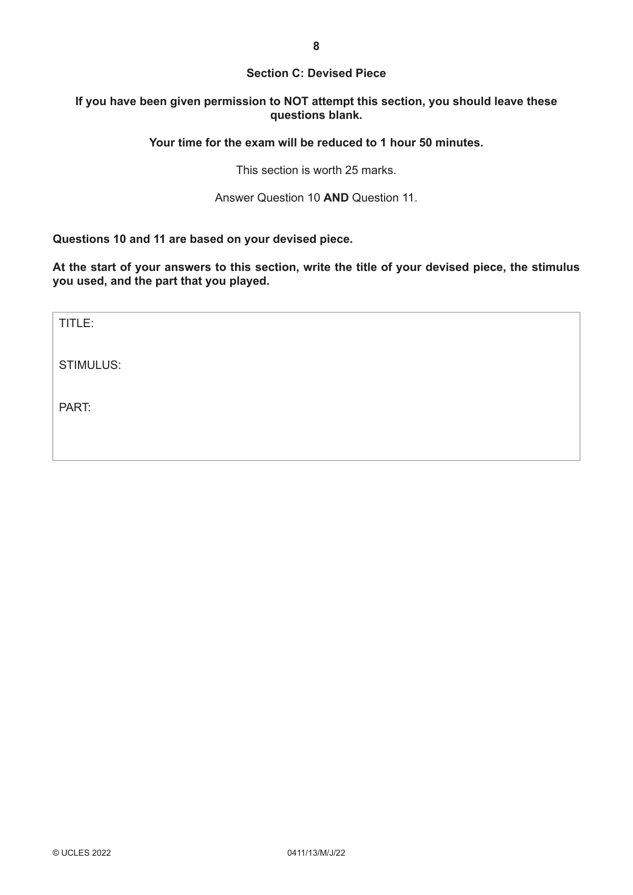 Cambridge IGCSE Drama 0411 2022 May/June Paper 1 · Variant 3 question paper, page 8 of 12