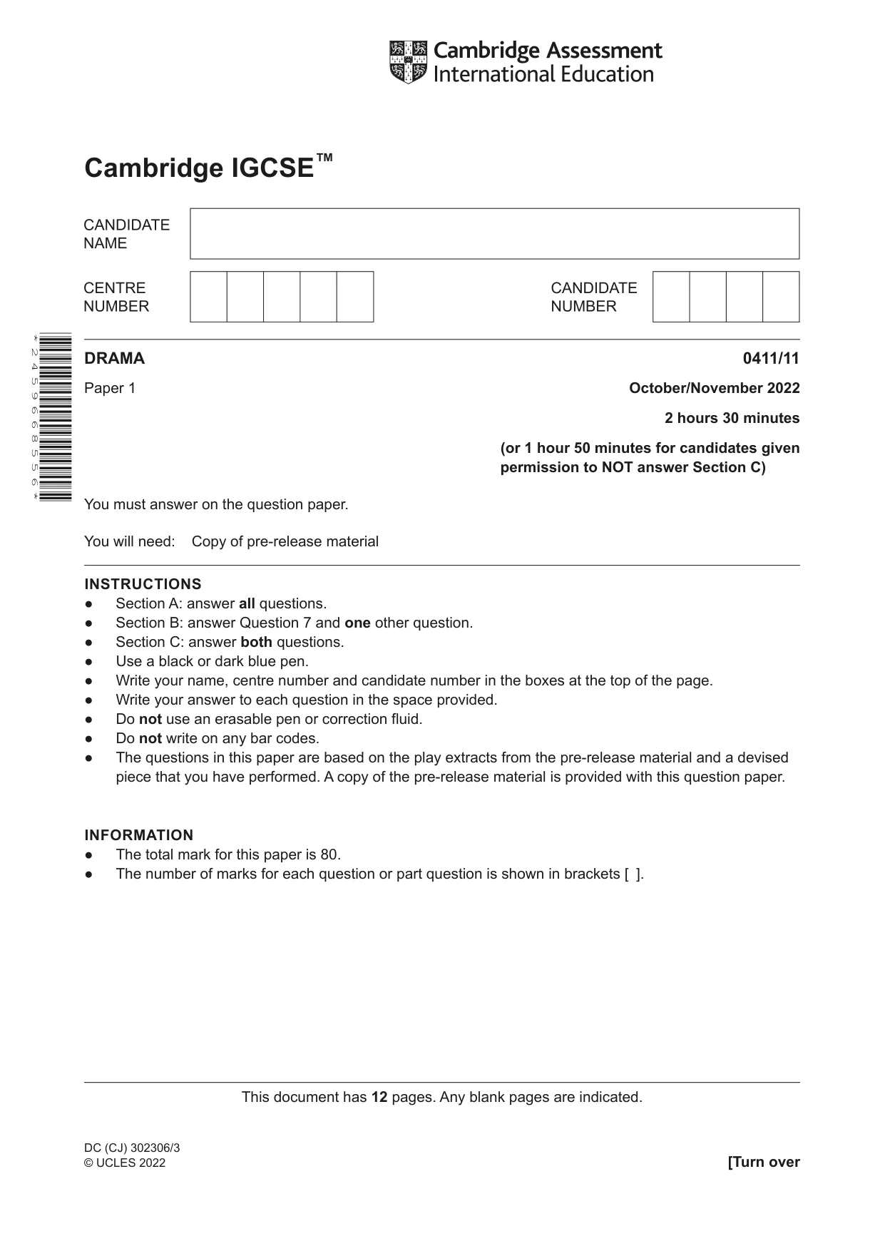 Cambridge IGCSE Drama 0411 2022 Oct/Nov Paper 1 · Variant 1 question paper, page 1 of 12