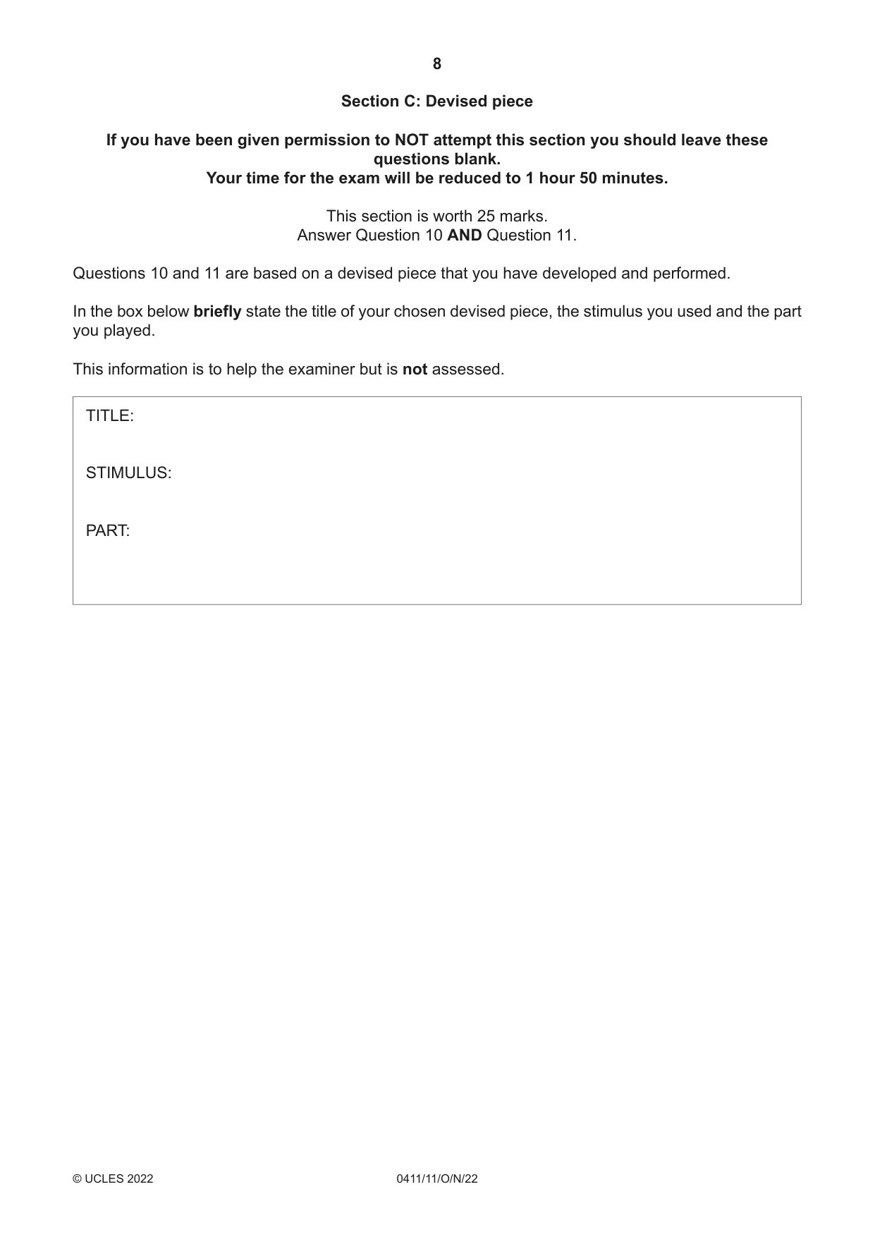 Cambridge IGCSE Drama 0411 2022 Oct/Nov Paper 1 · Variant 1 question paper, page 8 of 12