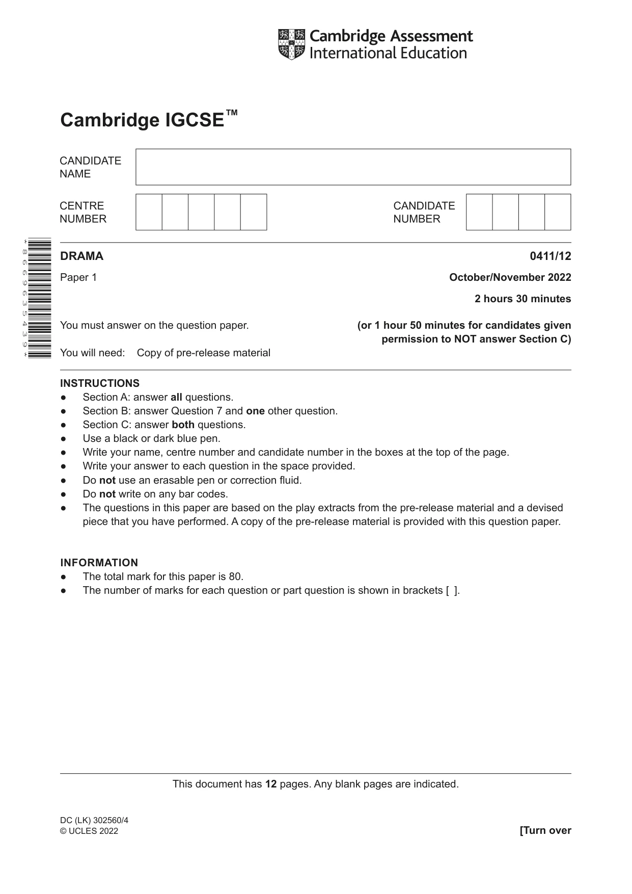 Cambridge IGCSE Drama 0411 2022 Oct/Nov Paper 1 · Variant 2 question paper, page 1 of 12
