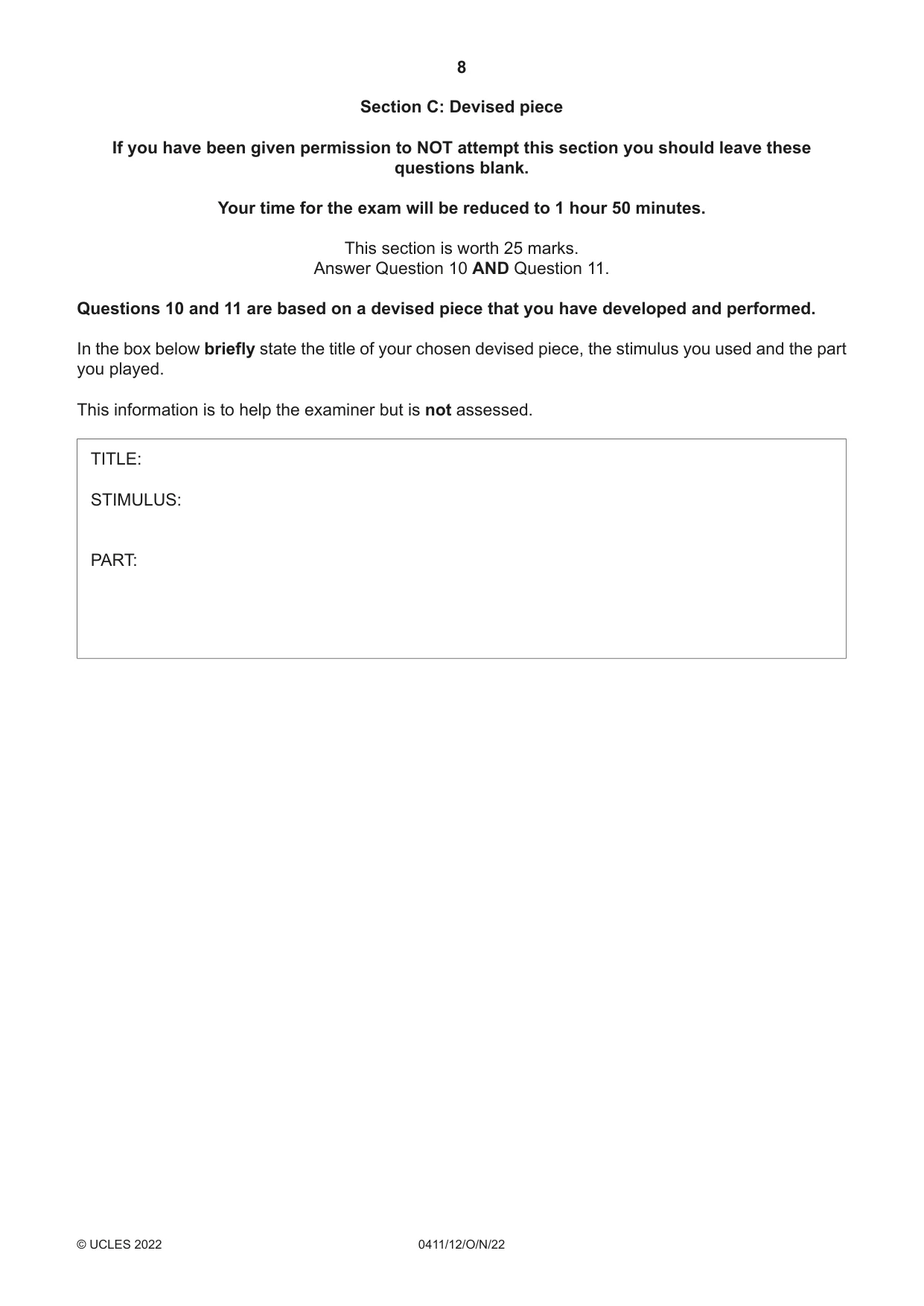 Cambridge IGCSE Drama 0411 2022 Oct/Nov Paper 1 · Variant 2 question paper, page 8 of 12