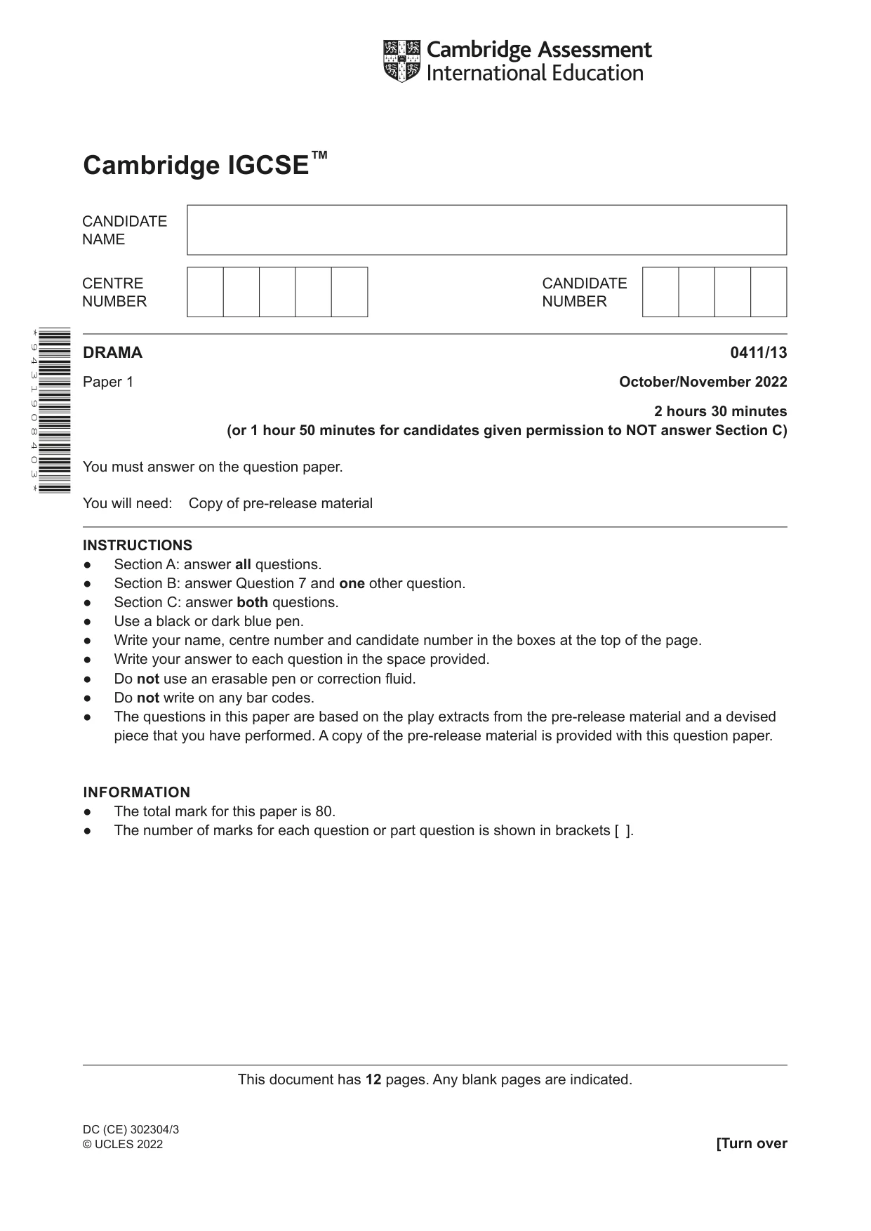 Cambridge IGCSE Drama 0411 2022 Oct/Nov Paper 1 · Variant 3 question paper, page 1 of 12