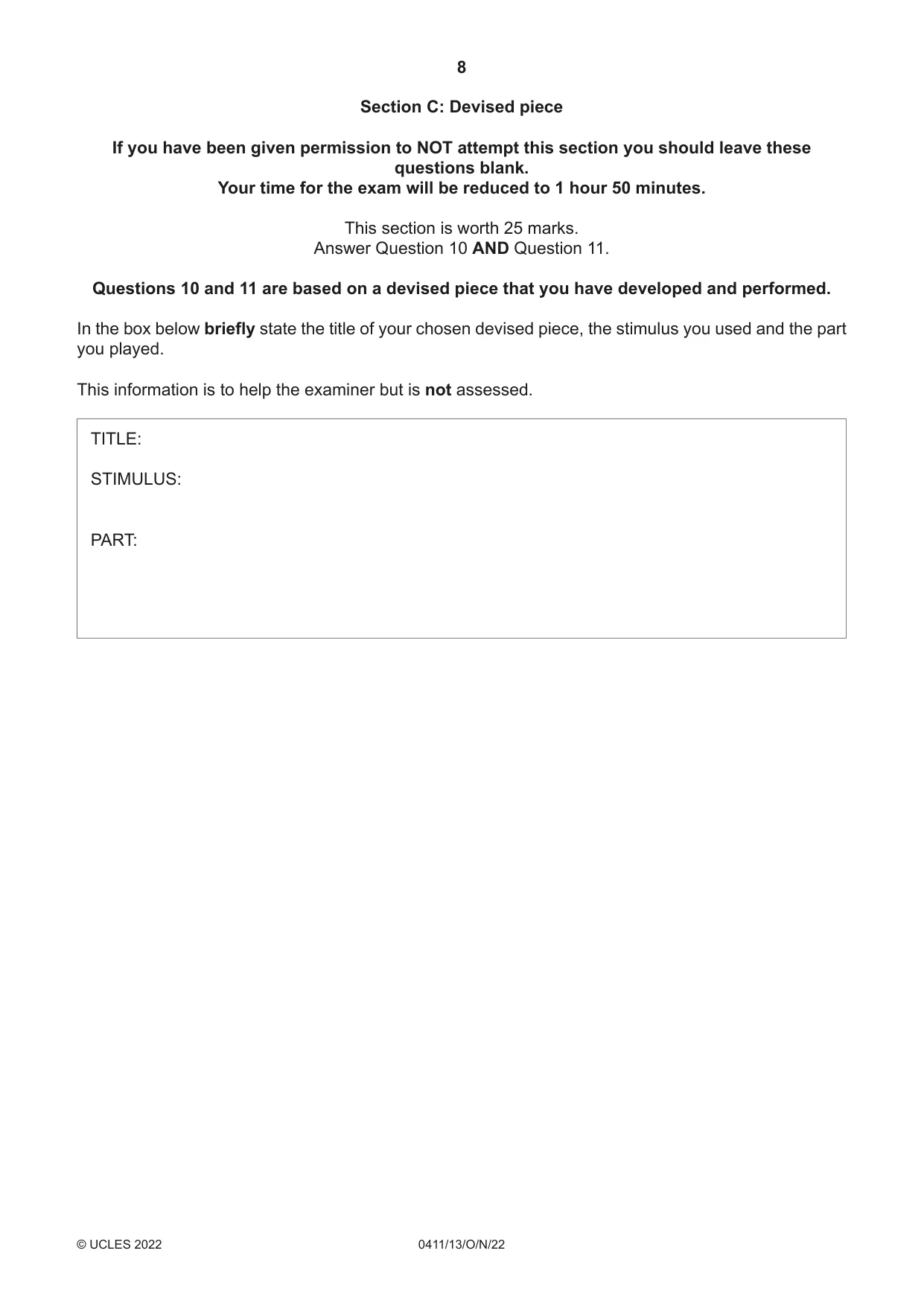 Cambridge IGCSE Drama 0411 2022 Oct/Nov Paper 1 · Variant 3 question paper, page 8 of 12