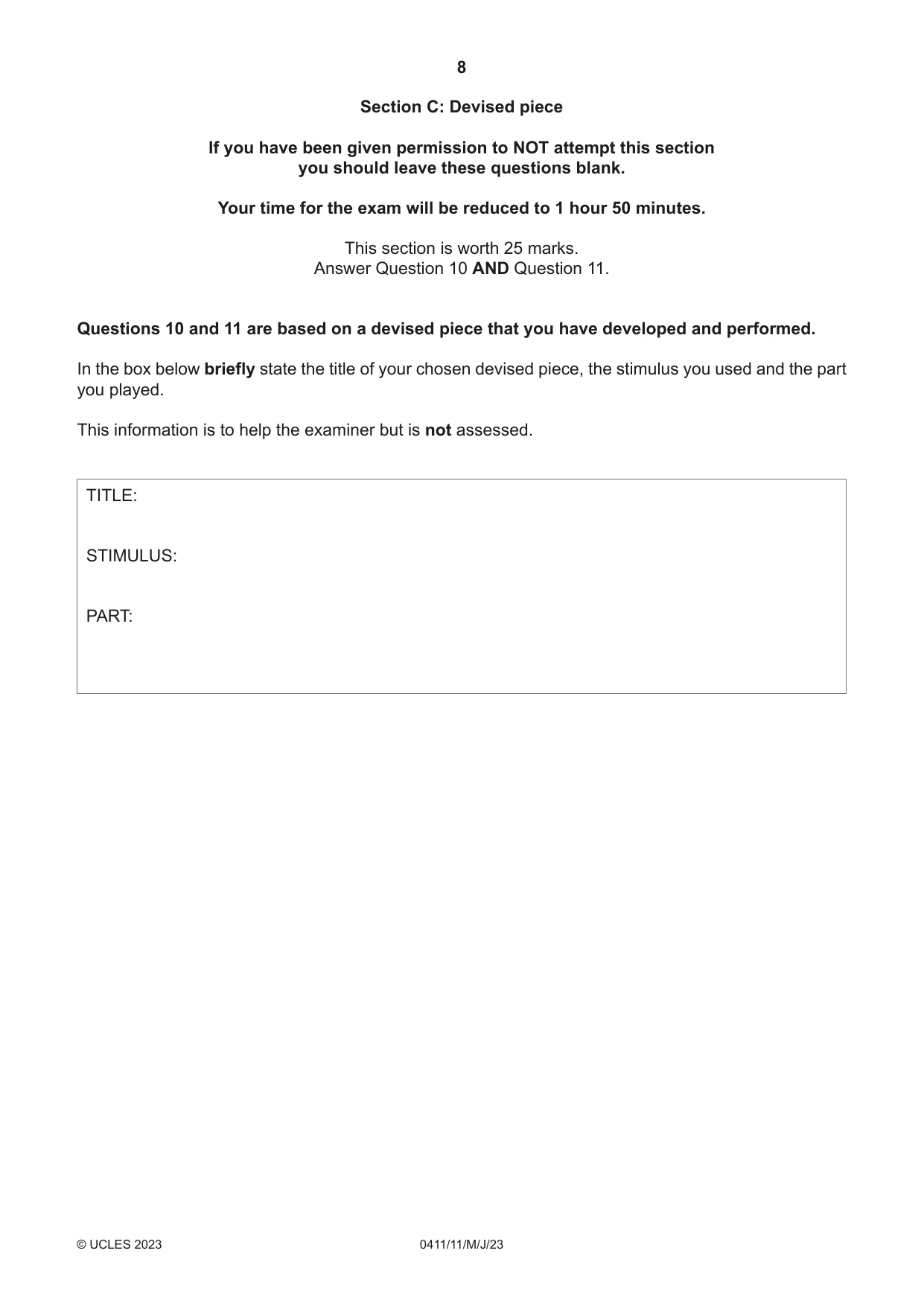 Cambridge IGCSE Drama 0411 2023 May/June Paper 1 · Variant 1 question paper, page 8 of 12