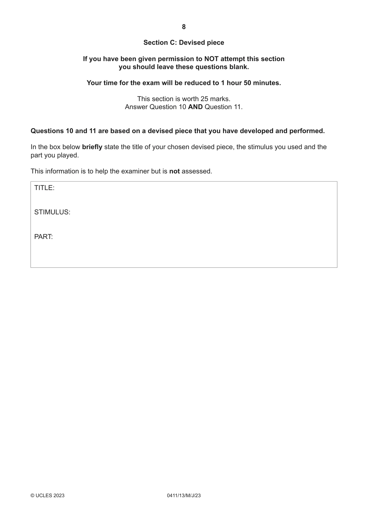 Cambridge IGCSE Drama 0411 2023 May/June Paper 1 · Variant 3 question paper, page 8 of 12