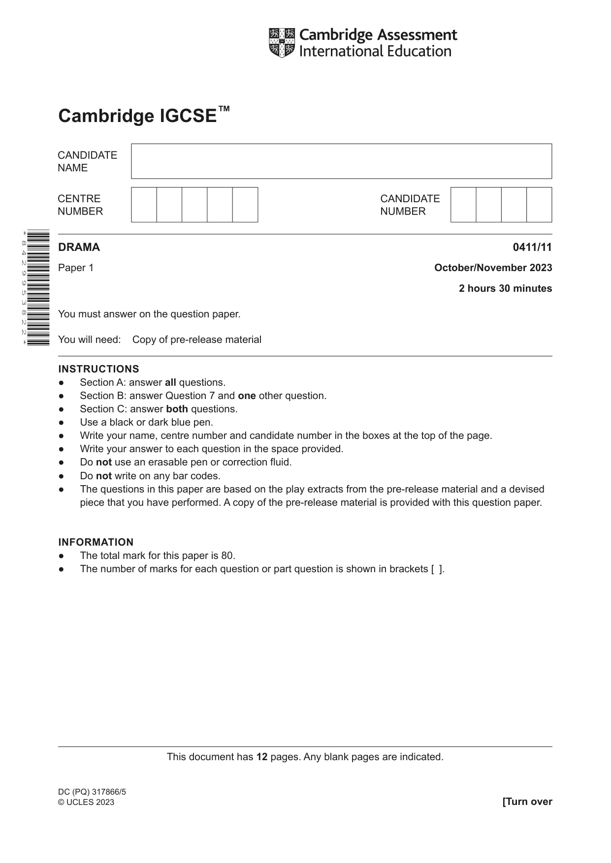 Cambridge IGCSE Drama 0411 2023 Oct/Nov Paper 1 · Variant 1 question paper, page 1 of 12