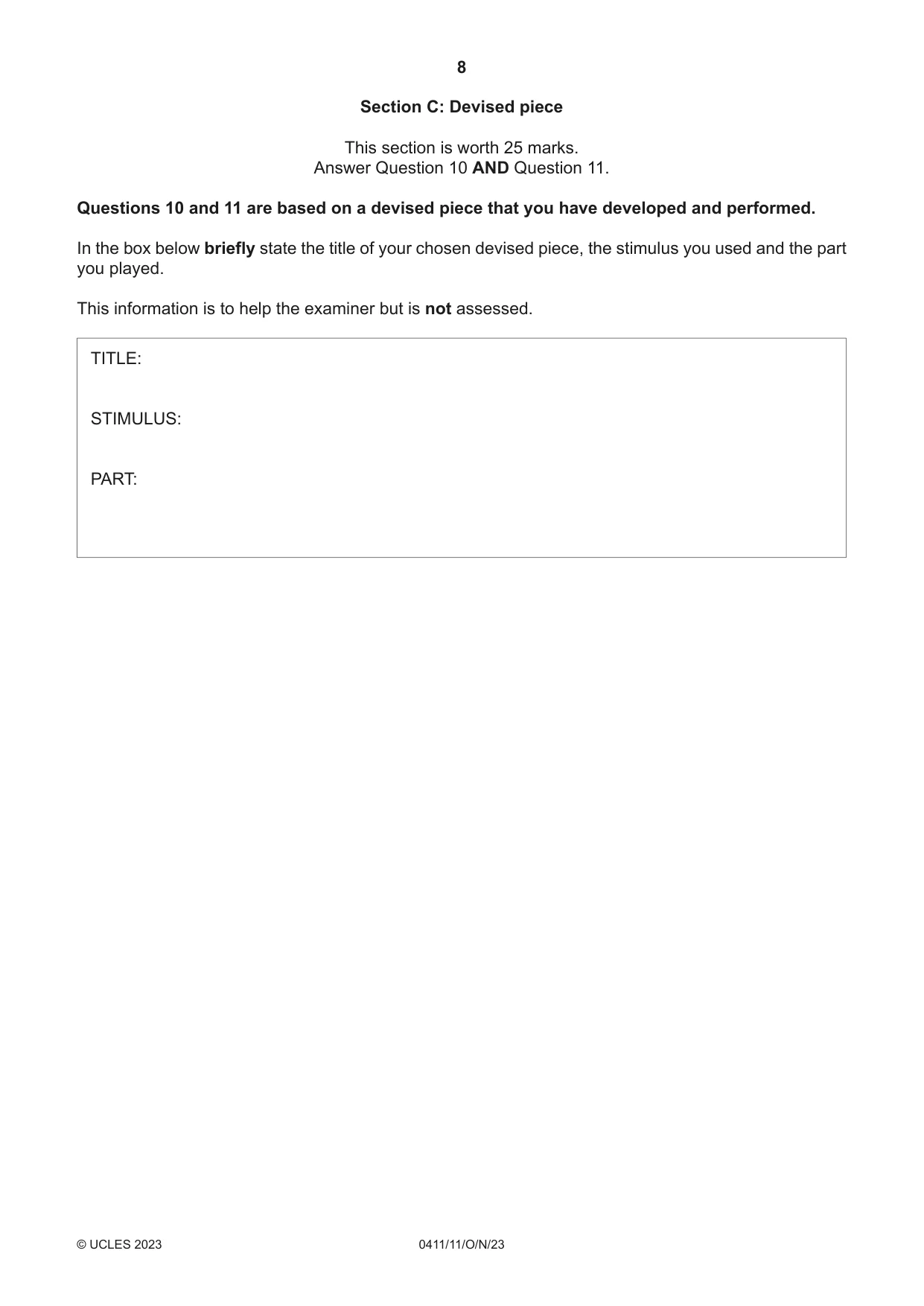 Cambridge IGCSE Drama 0411 2023 Oct/Nov Paper 1 · Variant 1 question paper, page 8 of 12