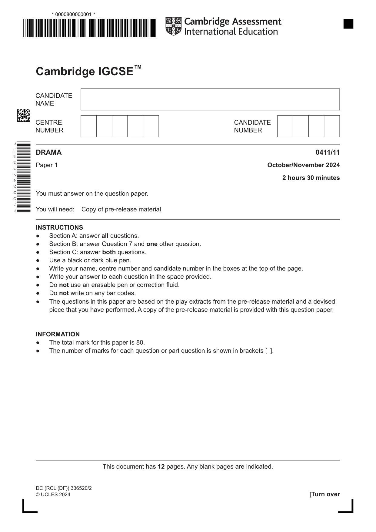 Cambridge IGCSE Drama 0411 2024 Oct/Nov Paper 1 · Variant 1 question paper, page 1 of 12