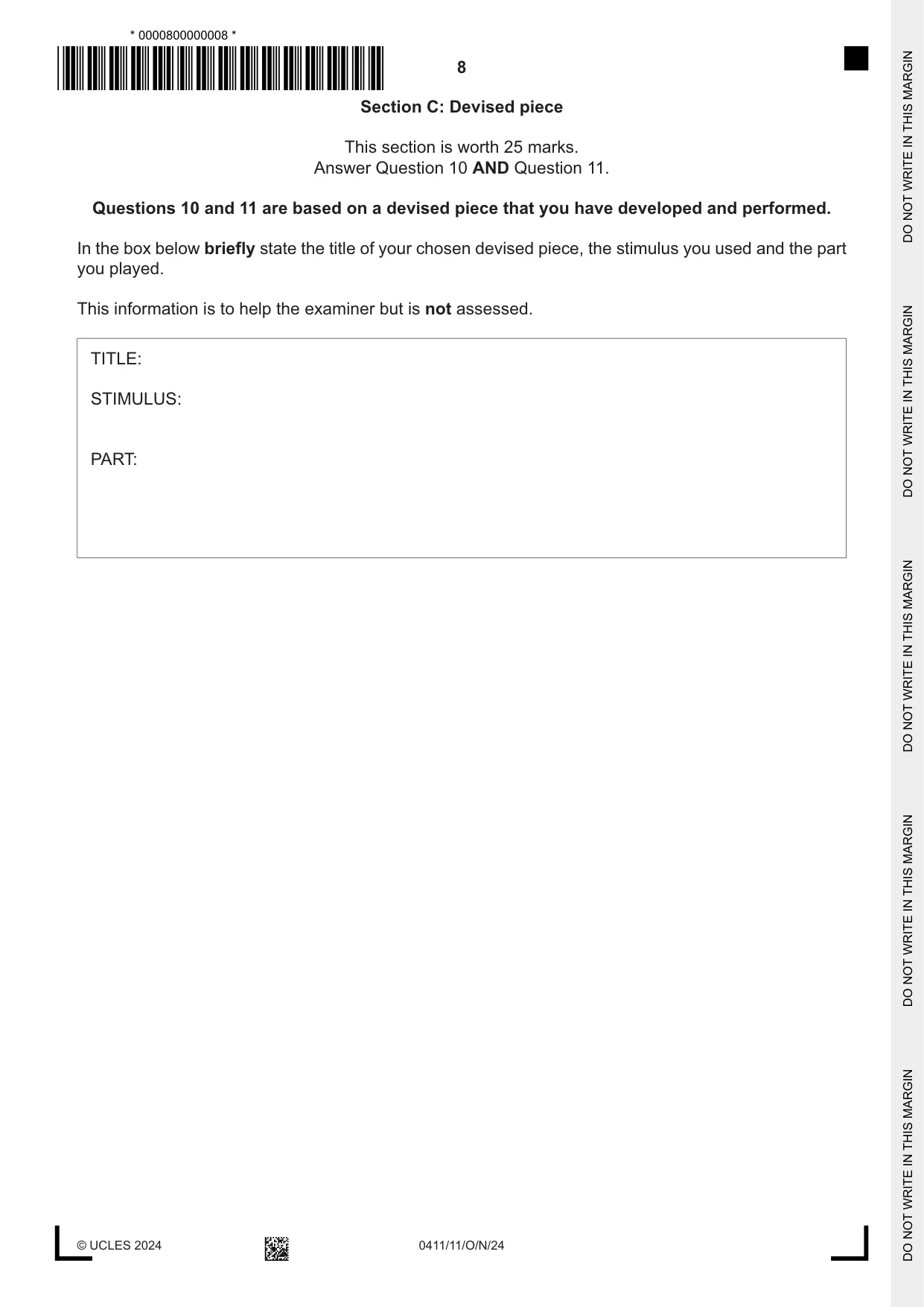 Cambridge IGCSE Drama 0411 2024 Oct/Nov Paper 1 · Variant 1 question paper, page 8 of 12
