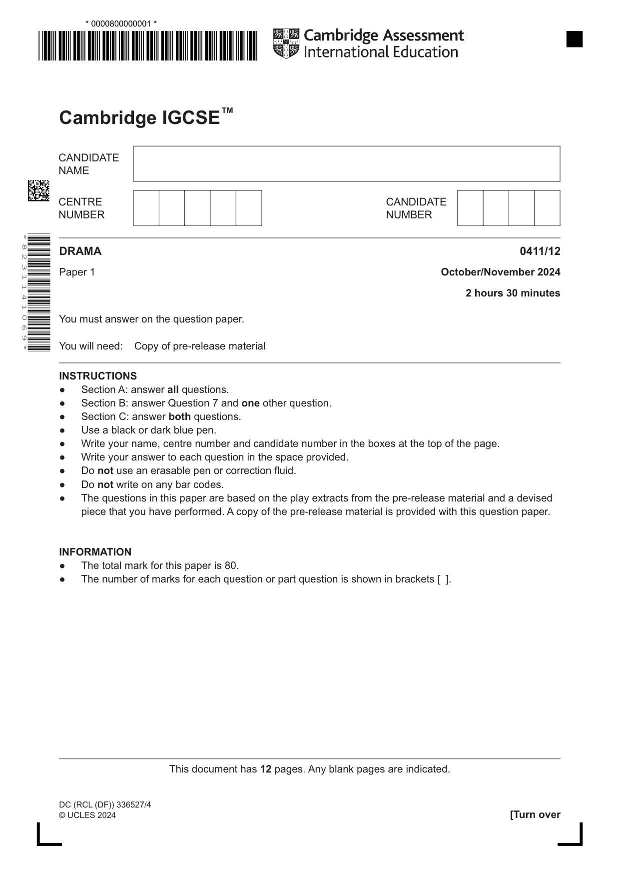 Cambridge IGCSE Drama 0411 2024 Oct/Nov Paper 1 · Variant 2 question paper, page 1 of 12