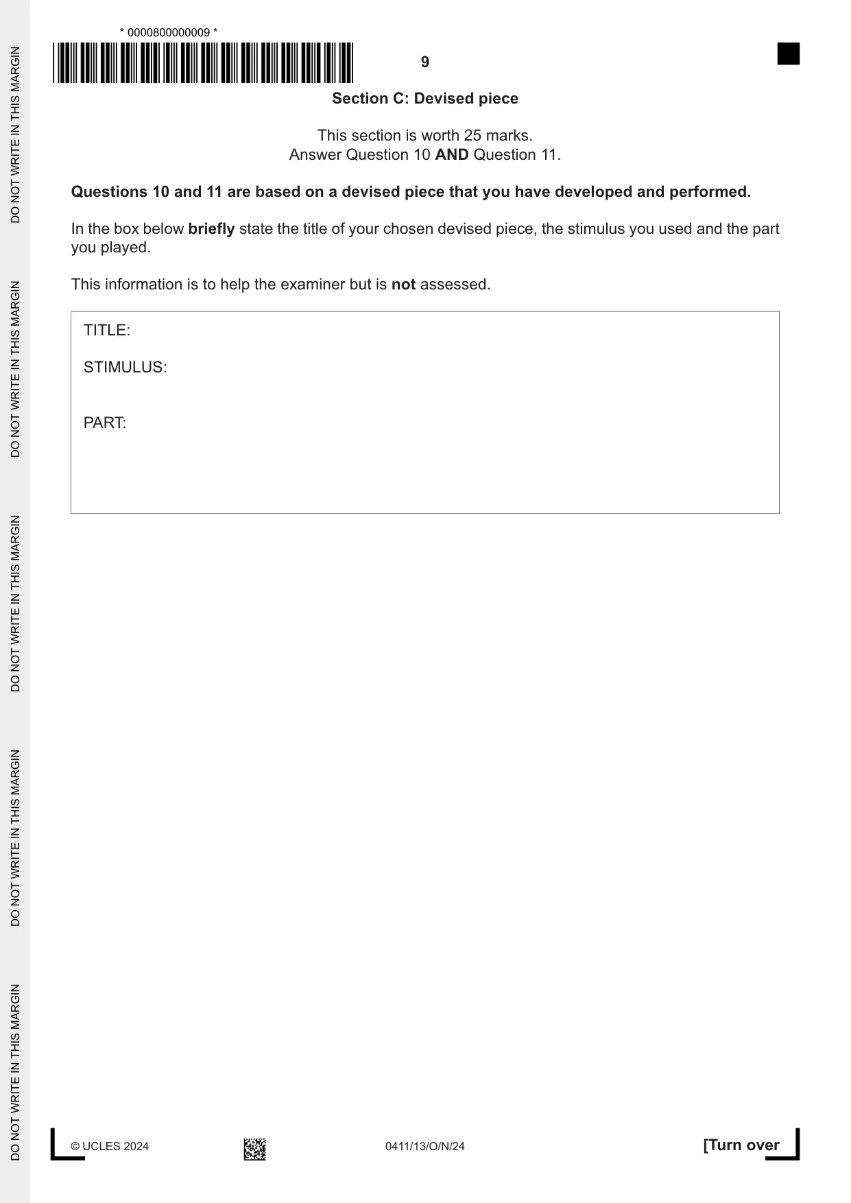 Cambridge IGCSE Drama 0411 2024 Oct/Nov Paper 1 · Variant 3 question paper, page 9 of 12