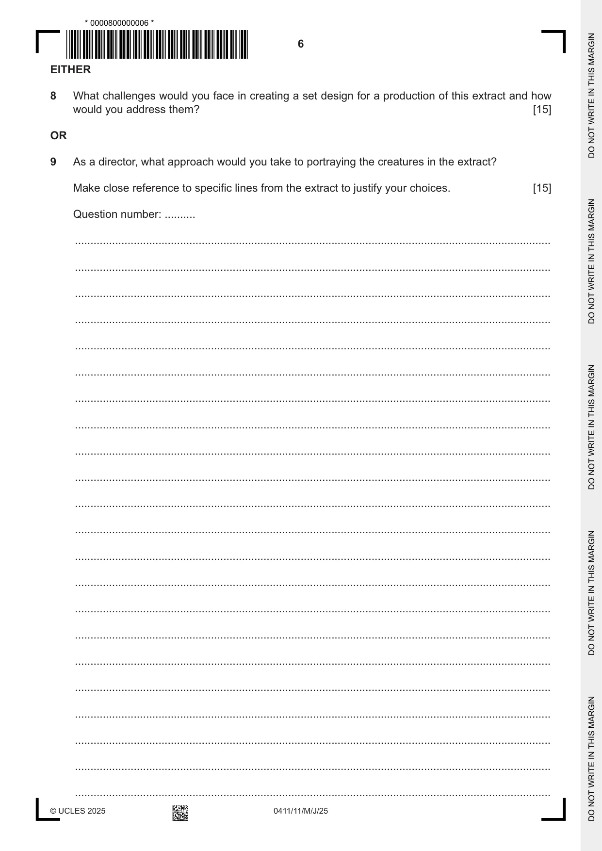 Cambridge IGCSE Drama 0411 2025 May/June Paper 1 · Variant 1 question paper, page 6 of 12