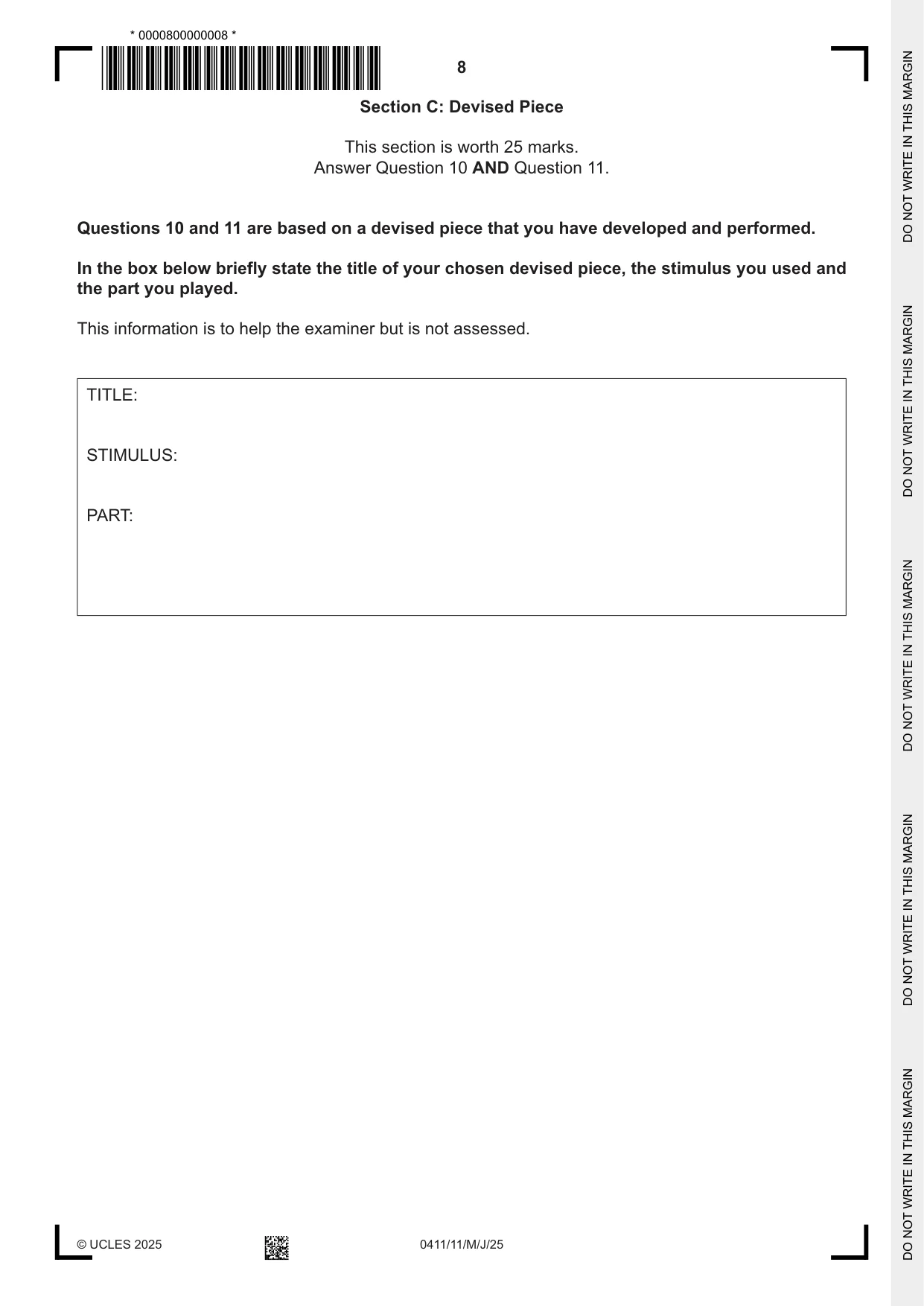 Cambridge IGCSE Drama 0411 2025 May/June Paper 1 · Variant 1 question paper, page 8 of 12