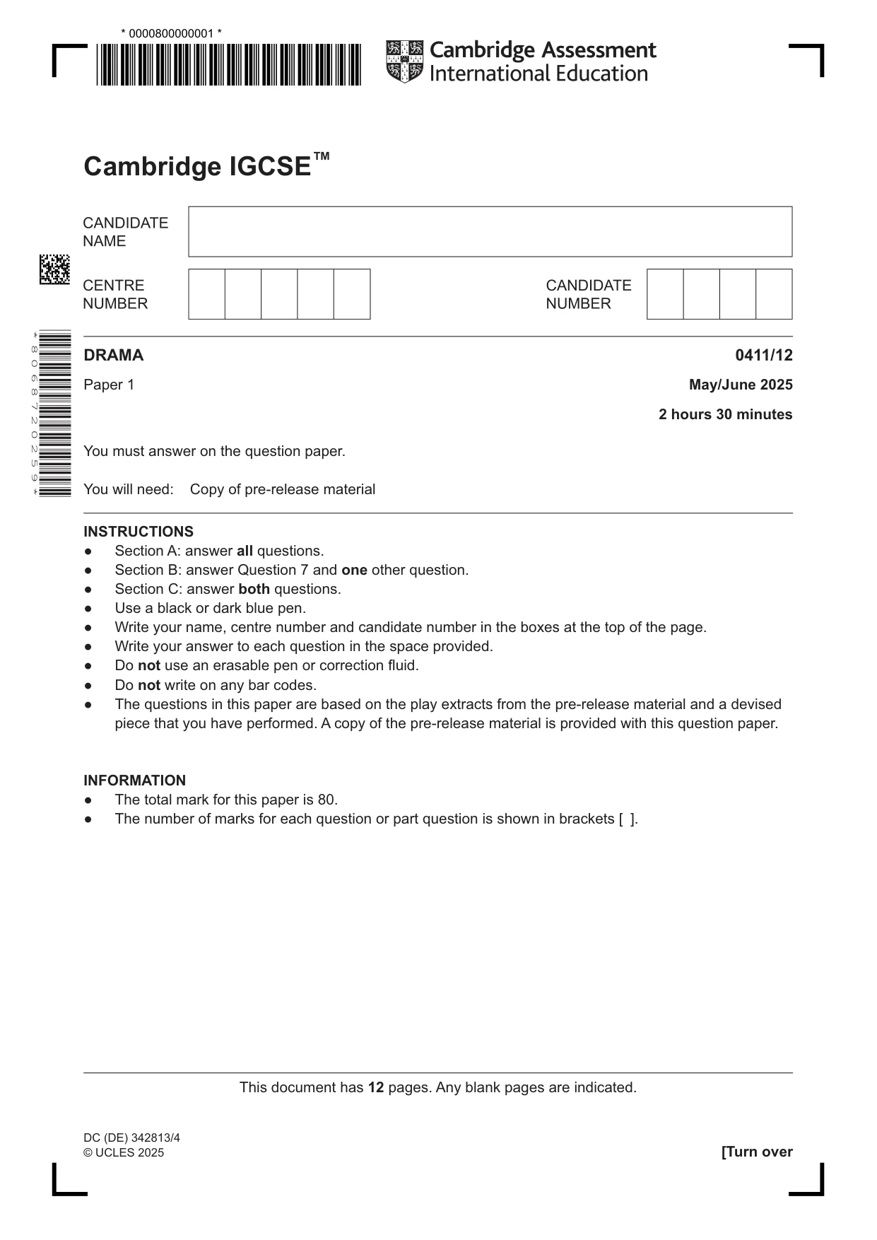 Cambridge IGCSE Drama 0411 2025 May/June Paper 1 · Variant 2 question paper, page 1 of 12