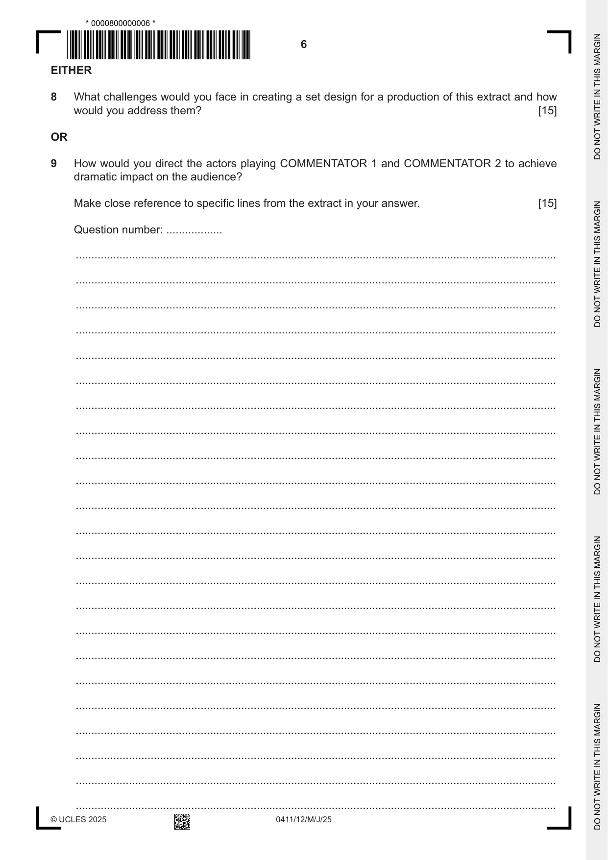 Cambridge IGCSE Drama 0411 2025 May/June Paper 1 · Variant 2 question paper, page 6 of 12