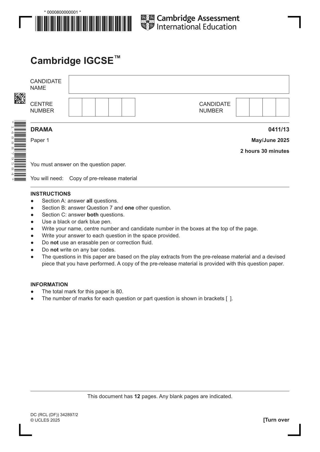 Cambridge IGCSE Drama 0411 2025 May/June Paper 1 · Variant 3 question paper, page 1 of 12