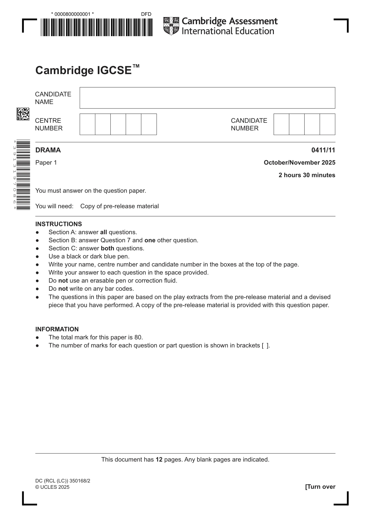 Cambridge IGCSE Drama 0411 2025 Oct/Nov Paper 1 · Variant 1 question paper, page 1 of 12